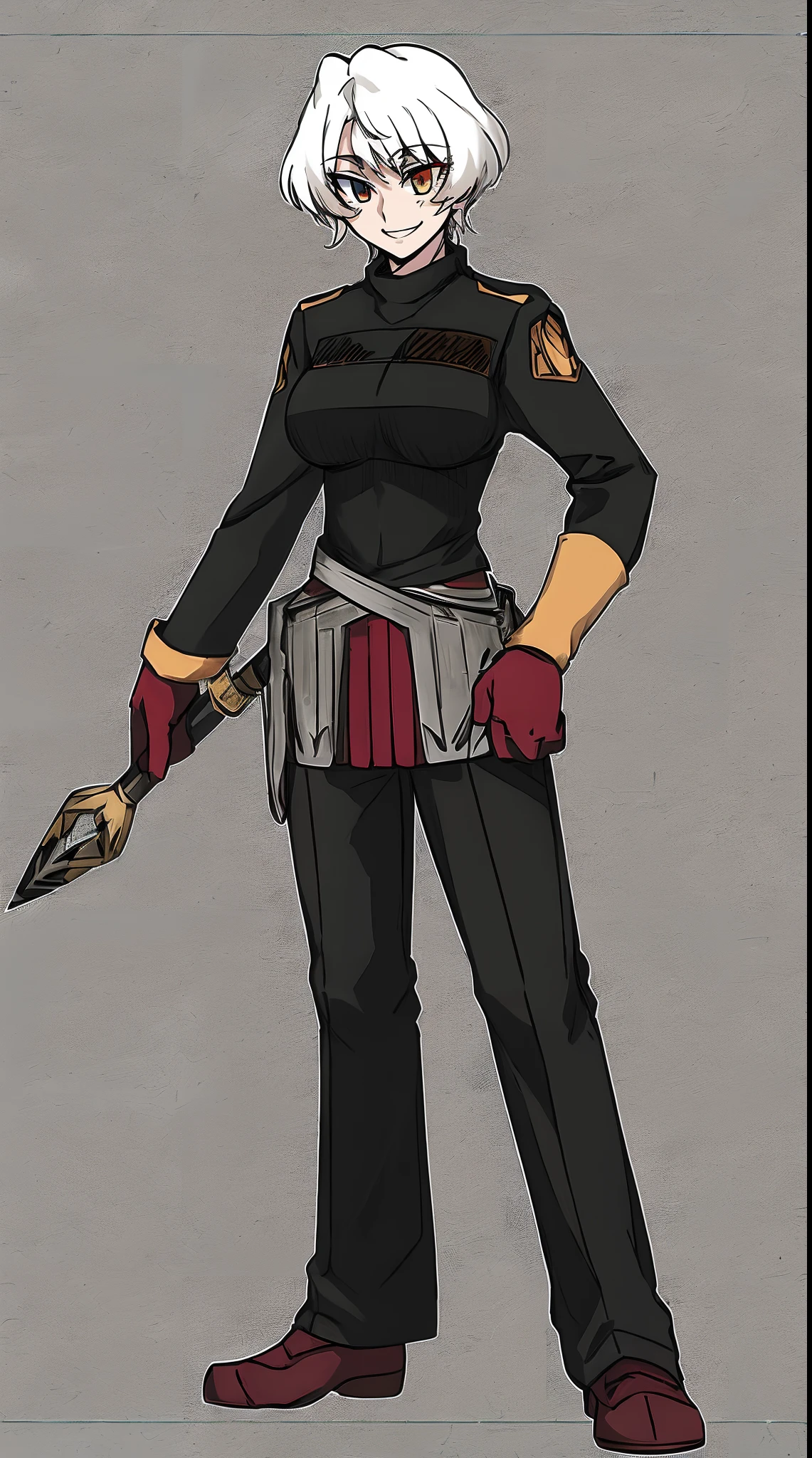 aleardef, heterochromia, gloves, long sleeves, full body, standing, smile,staff holding, medium breast