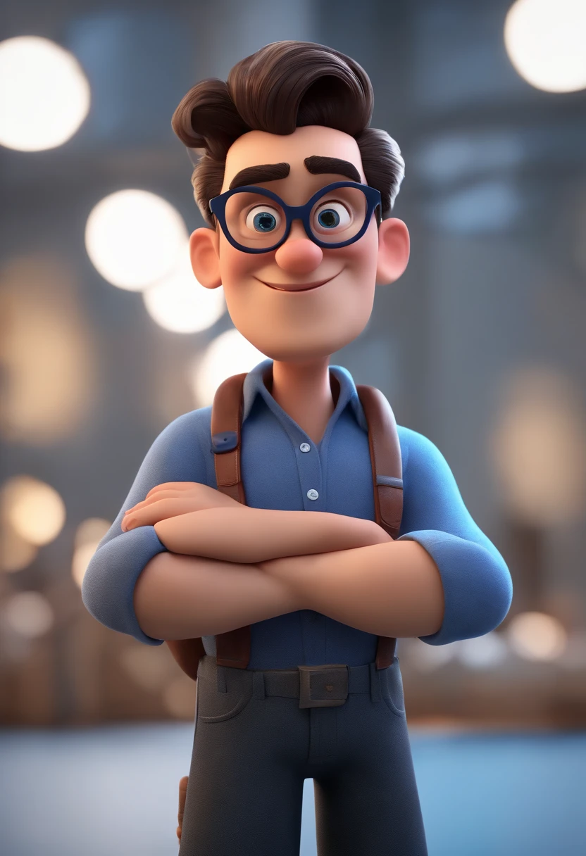 Cartoon character of a man wearing black glasses and a blue shirt, um personagem animado, Caractere estilizado, animation style rendering, 3D estilizado, Arnold Maya render, 3 d render stylized, toon render keyshot, Personagem 3D, Personagem 3D, 3d rendering stylized, 3 d character render, personagem de desenho animado, Personagem de close up, Pose de personagem, (Estilo Pixar) (master part:1.2) (Bokeh) (best quality) (pele detalhada) (textura detalhada) (8k) (argila) (Cinematic lighting) (foco nítido，Senta e vaza a parte superior do corpo