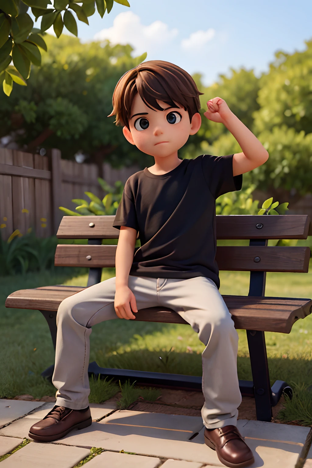 A imagem mostra um menino sentado em um banco de madeira, which is located near a fence. The boy is wearing a black shirt and appears to be looking at the camera. The bench is positioned in the middle of the scene, com a cerca estendendo-se para os lados esquerdo e direito da imagem. The boy's posture and the presence of the bench suggest that this could be a park or a similar outdoor environment.Gere essa imagem no estilo de anima