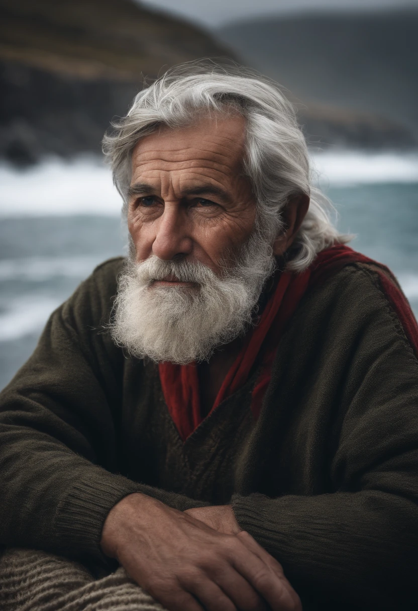 Award-winning portrait photo of an older, gray-haired medieval fisherman wearing a serha sweater with wrinkles on his face, red de pesca, barco (In English), ocean, Olas, Mountain cliff with crashing waves, tormentoso, Izquierda, ser, (Backlighting: 1.3), Pintura digital, Arte conceptual, liso, foco nítido, Regla de los tercios, DarkFantasy, Detalles intrincados, Plan medio