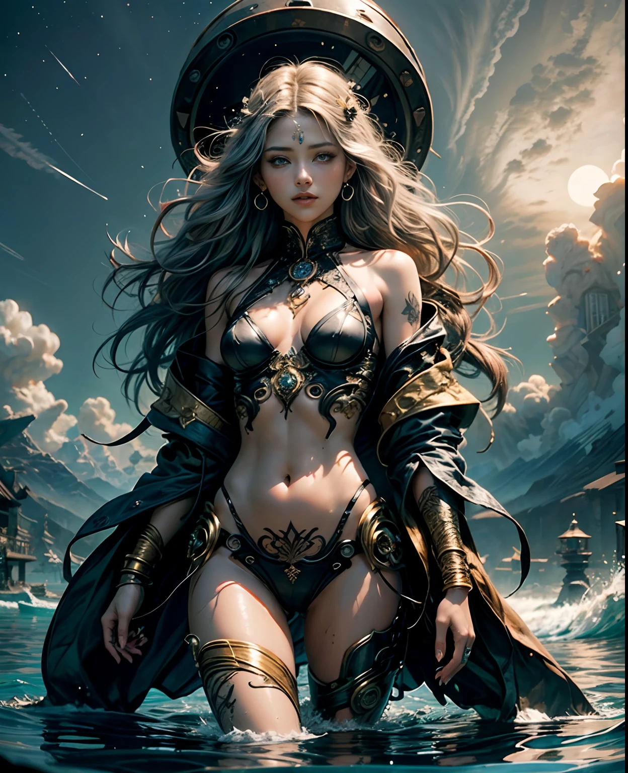 official art, 8k unit wallpaper, ultra detailed, beautiful and aesthetic, high quality, beautiful, masterpiece, best quality (zentangle, mandala, tangled, tangled: 0.6), a young goddess in her 20s, long silver hair, sun goddess, (masterpiece), best quality, expressive eyes, perfect face, portrait of beautiful cyborg with GINGER hair, intricate, elegant, highly detailed, majestic, digital photography, surreal painting gold butterfly filigree, broken glass, (masterpiece, side lighting, finely detailed beautiful eyes: 1.2), HDR, (detailed background window to a new dimension, plants and flowers:0.7) infinity, infinite symbol, night sky with full moon, (masterpiece), best quality, expressive eyes, perfect face, highly detailed face and body, cinematic lighting, photorealistsic, 1girl, 18yo, ((dark brown straight shoulder length hair)), dark brown eyes, big eyes, very thin body, ((((flat chest)))), skinny, laying on her back on piles, (legs spread open), pink pussy lips, bald pussy, well lit, beautiful and aesthetic:1.2), (1girl), extreme detailed,(fractal art:1.3),colorful,highest detailed,beautiful goddess emerging from the ocean, caucasian girl with shiny silver hair, full female body, golden eyes, wild waves, big waves, oriental mandala tattoos, transparent dresses, skin wet with water, stormy sky, sunset sky red stormy clouds, ancient temple floating in the sea, floating old clock, lamp, lantern, beautiful girl with a slight smile, transparent blouse, black vikini, fractal, Sakimichan-style art, slight smile, legs open, pubic hair view, 1 sexy girl, exposed breasts, open transparent T-shirt, Mandala and flower tattoos, Best Quality ,black hair fused with platinum and gold, naked girl, visible beautiful pubic area, pink pesons, small breasts in sight, tattoos on the naked body, old floating clock, lamp, lantern , skin wet with water, open legs,multicolored sea waves, sea ​​goddess rising from water