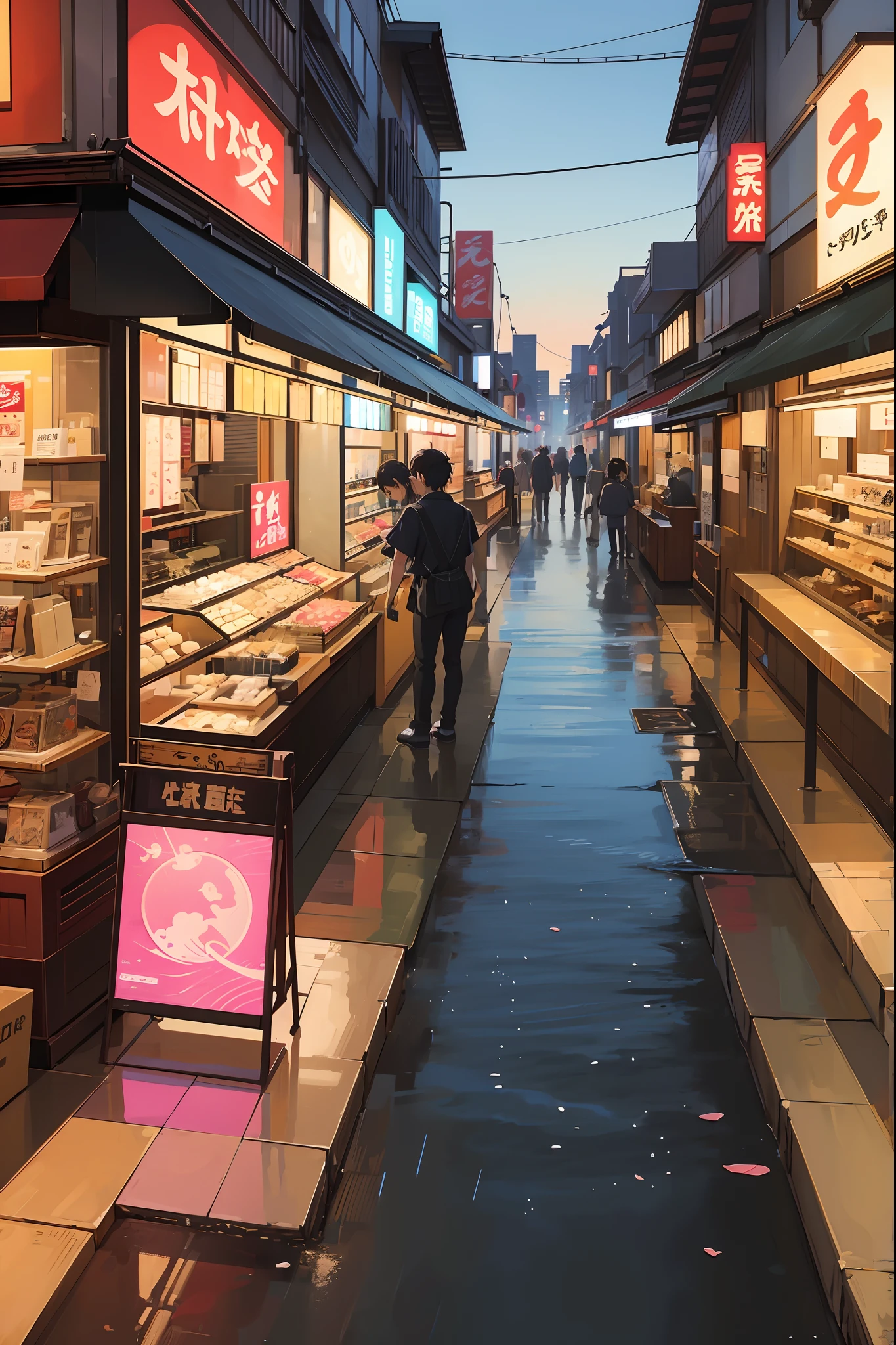 Anime - style painting of a man standing in front of a store, Tokyo Anime Scene, japanese street, Anime Background Art, japanese downtown, detailed scenery —width 672, anime style cityscape, japanese city, anime scenery concept art, Tokyo street background, realistic anime 3 d style, in the style of makoto shinkai, Tokyo - esque town, lofi artstyle,This design is、Shows the perfect blend of retro aesthetics and modern digital art, A visually appealing and captivating work that celebrates the beauty of Japan, Design, Vector art, Digital Painting, and Adobe Illustrator. Creating.
