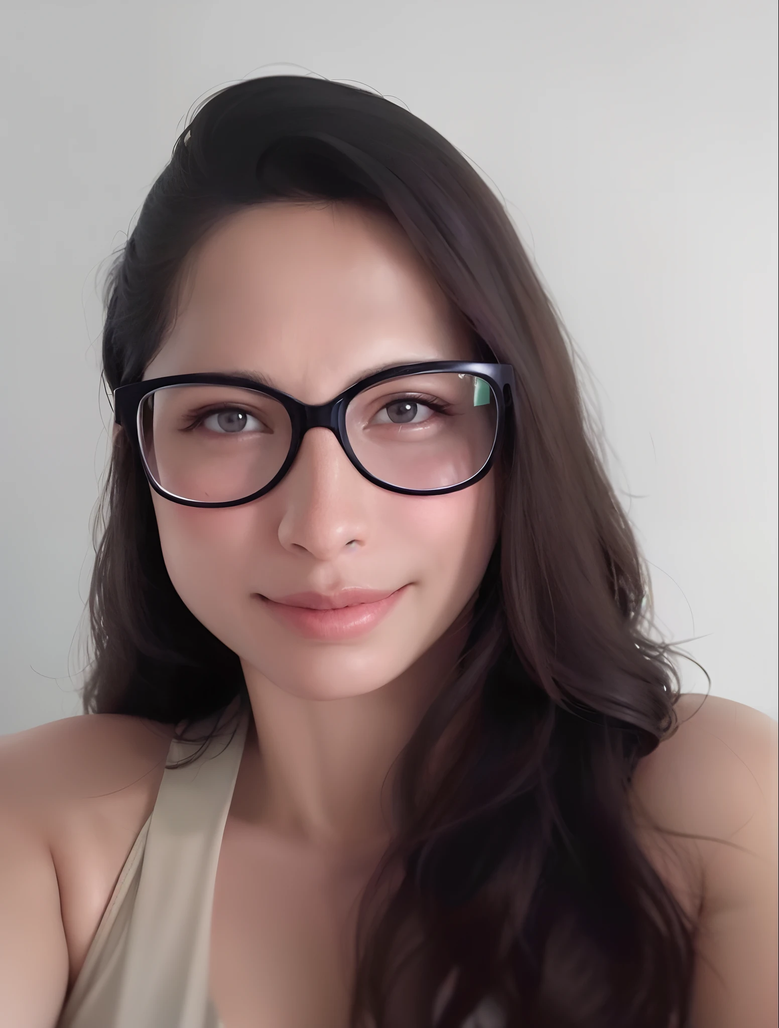 there is a woman with glasses posing for a photo, girl with glasses, Valentina Embaralhamento, fernanda suarez, photo of džesika devic, with glasses on, retrato frontal, With eye Glasses, Christina Kritikou, wavy long black hair and glasses, girl wearing round glasses, imagem central, Alanis Guillen, julia sarda