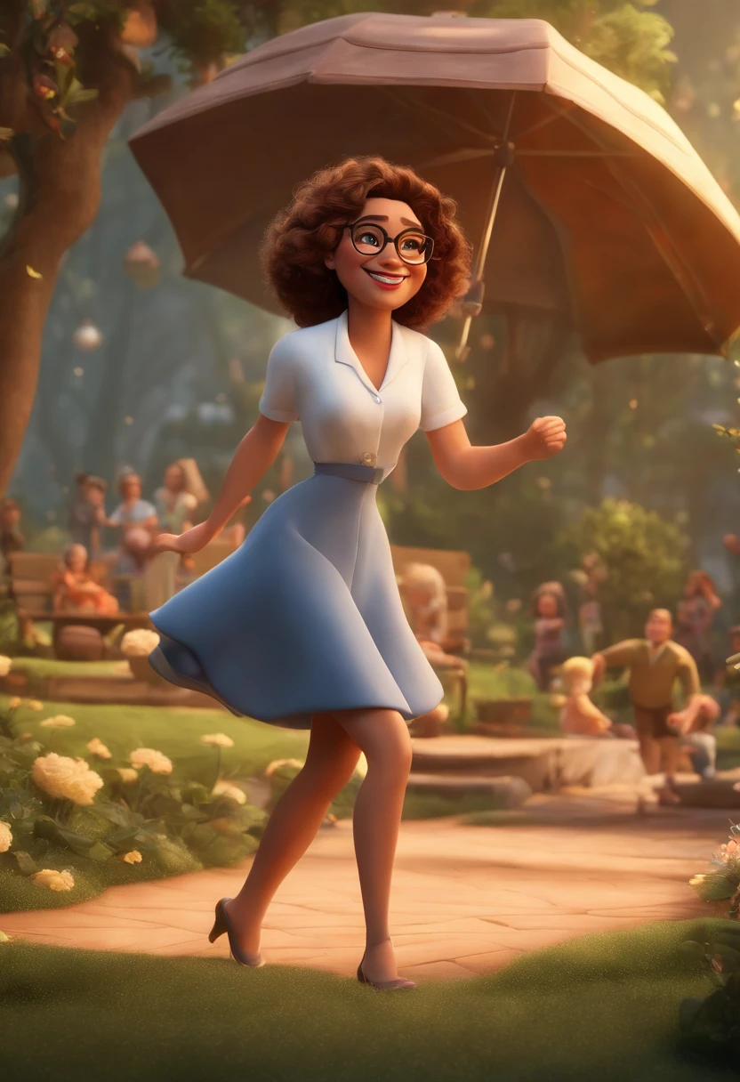 "(best quality,ultra-detalhado,Realistic:1.37),3D rendering,illustration,design de personagens,cabelos curtos e cacheados escuros,belos olhos detalhados,wearing white glasses,Estilo Pixar,morena mulher,Dancing on the Disney stage,atmosfera animada,vivid colors,luzes de palco,expression joyful"