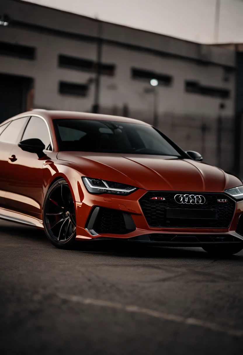 Audi RS7, drifter, lowered, stanced, low profile tires, Toyo tires , parked in a dark empty parkade, low light, golden hour, overcast, light rays, raytracing, realism, crystal clear image, intricate details, 200mm f2, detailed asphalt, realistic cracks in asphalt, close up, car portrait , car photography, aiming camera parallel with the runway