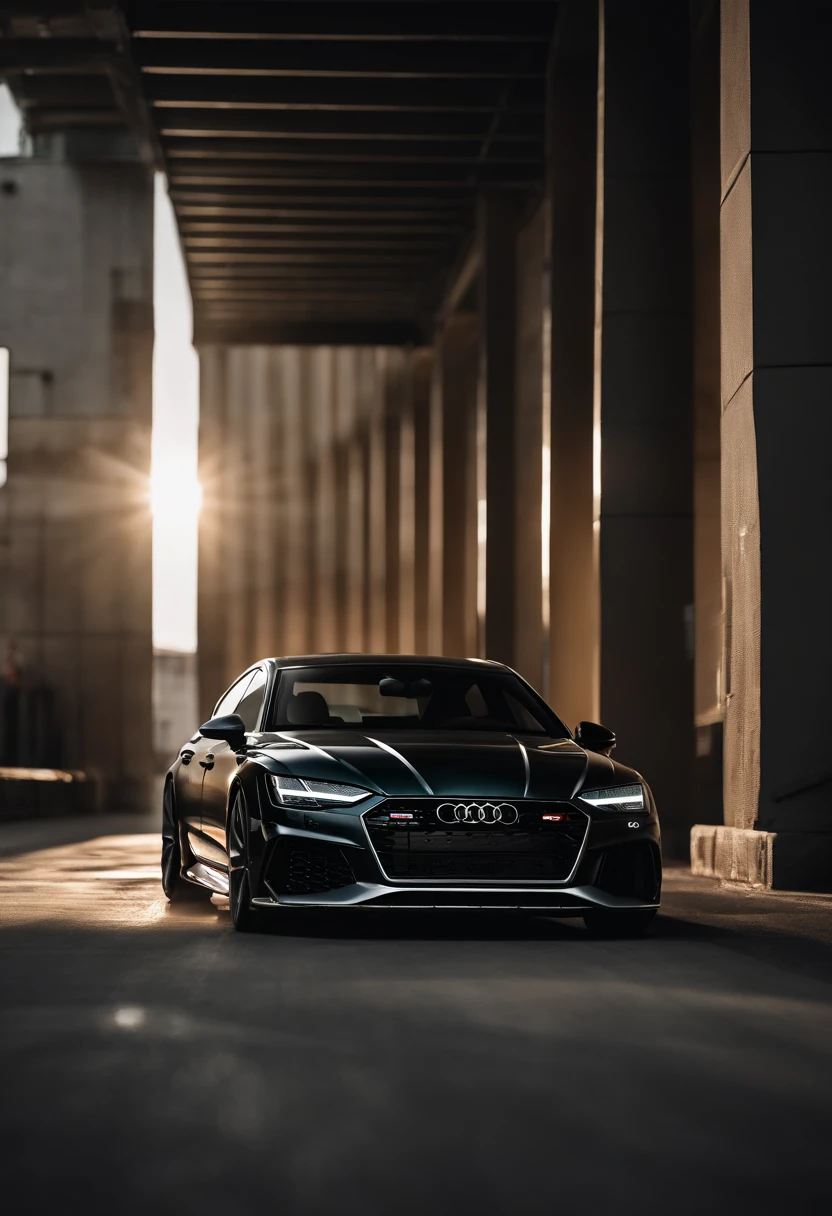 Audi RS7, drifter,  lowered, stanced, low profile tires, Toyo tires , parked in a dark empty parkade, low light, golden hour, overcast, light rays, raytracing, realism, crystal clear image, intricate details, 200mm f2, detailed asphalt, realistic cracks in asphalt, close up, car portrait , car photography, aiming camera parallel with the runway