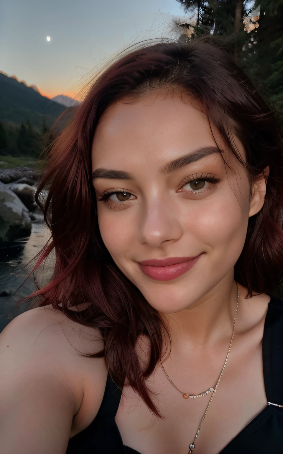 Photorealistic, Best Quality, Hyper Detailed, Beautiful woman, full-length photo, Upper body, Solo, wearing sexy lingerie, Outdoor, (Night), Mountain landscape, Real life nature, Stars, Moon, (Remarkable smile、Red hair、 nineteen years old、Joyful, Happy), Sexy, flash lights, forest, rocks, River, Wood, Smoke, Fog, crystal clear sky, analog style, looking at the viewer, Skin Texture, Film grain, close-up, 超High resolution, Most Good Shadow, raw, Instagram LUT