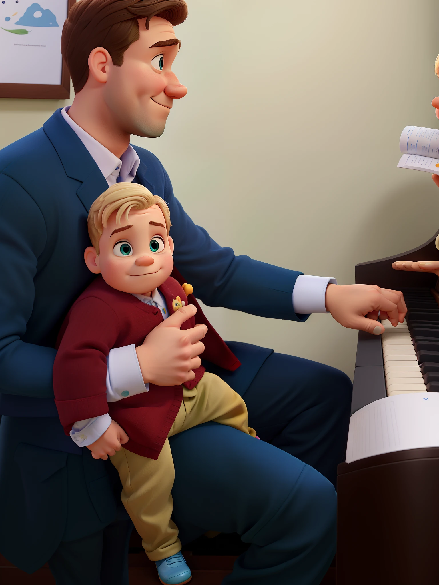 Obra-prima da pixar, Homem loiro de olhos verdes de 30 anos, ligeiramente acima do peso, In a blue suit playing pipe organ, Holding blue eyed 6 month old blond baby with red coat and beige pants, Baby's arm goes over man's arm