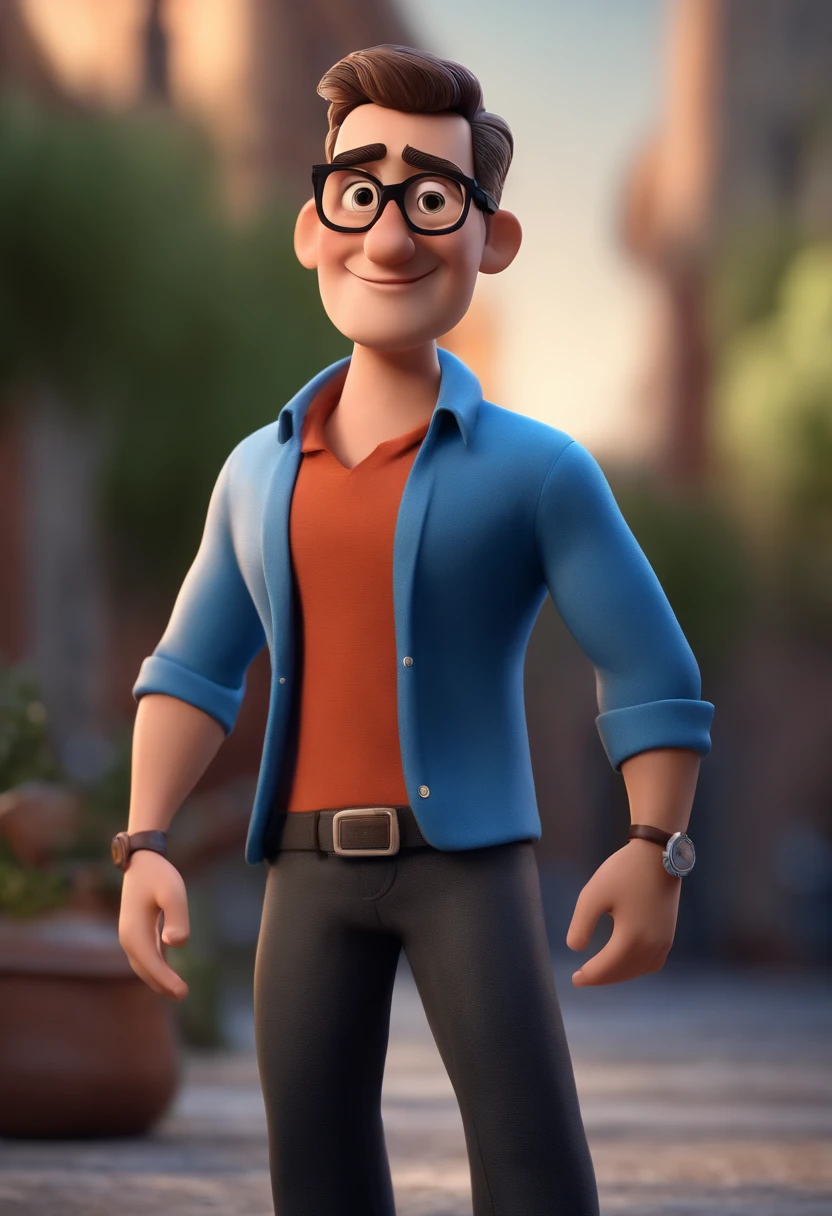 Cartoon character of a man with black glasses and a blue shirt, animation character, Caractere estilizado, animation style rendering, 3D estilizado, Arnold Maya render, 3 d render stylized, toon render keyshot, Personagem 3D, Personagem 3D, 3d rendering stylized, 3 d character render, personagem de desenho animado, Personagem de close up, Pose de personagem, (Estilo Pixar) (master part:1.2) (Bokeh) (best quality) (pele detalhada) (textura detalhada) (8k) (argila) (Cinematic lighting) (foco nítido
