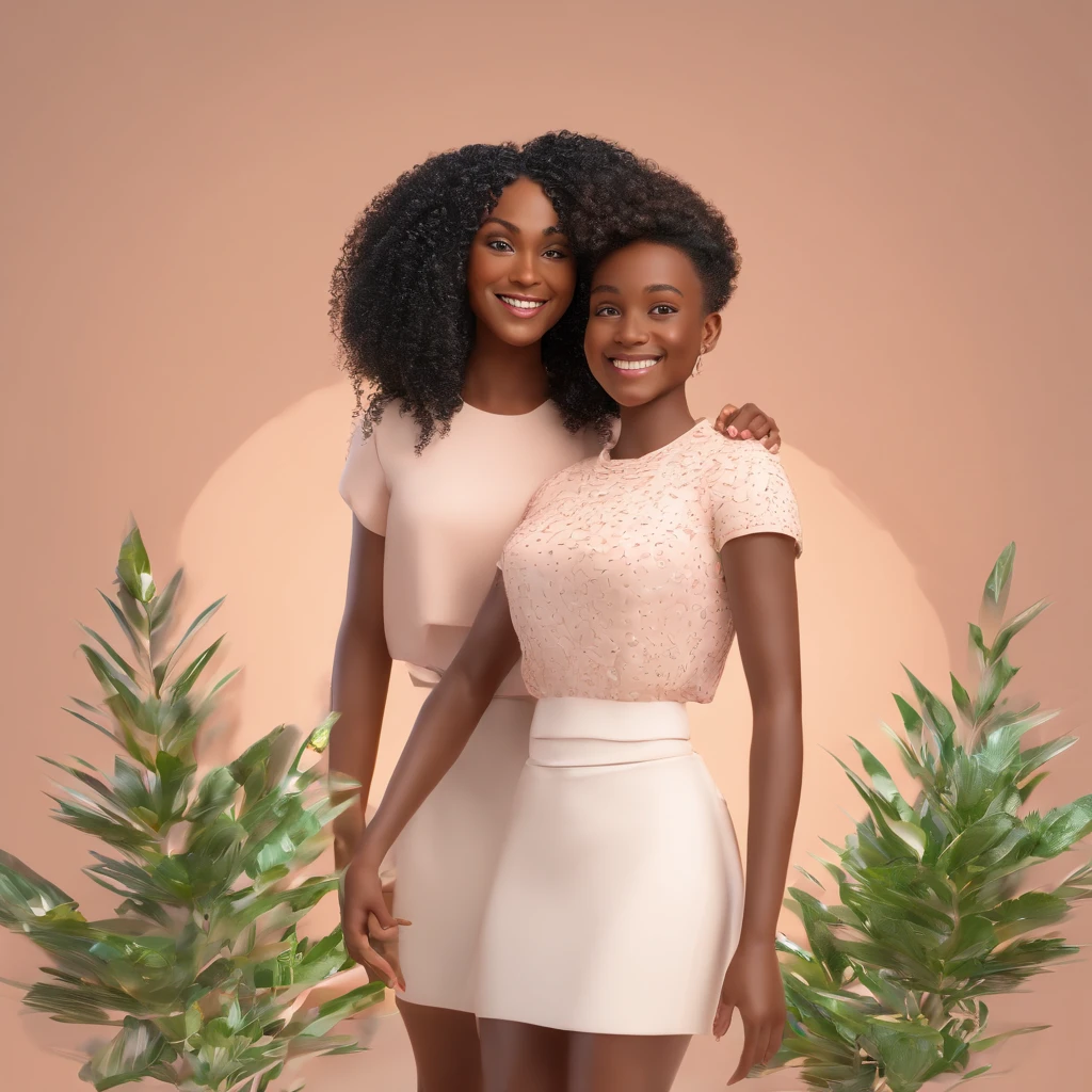 A black mother and daughter with curly hair (((On mom, light blond voluminous curly hair, outdoor background with white blouse with full body heart.