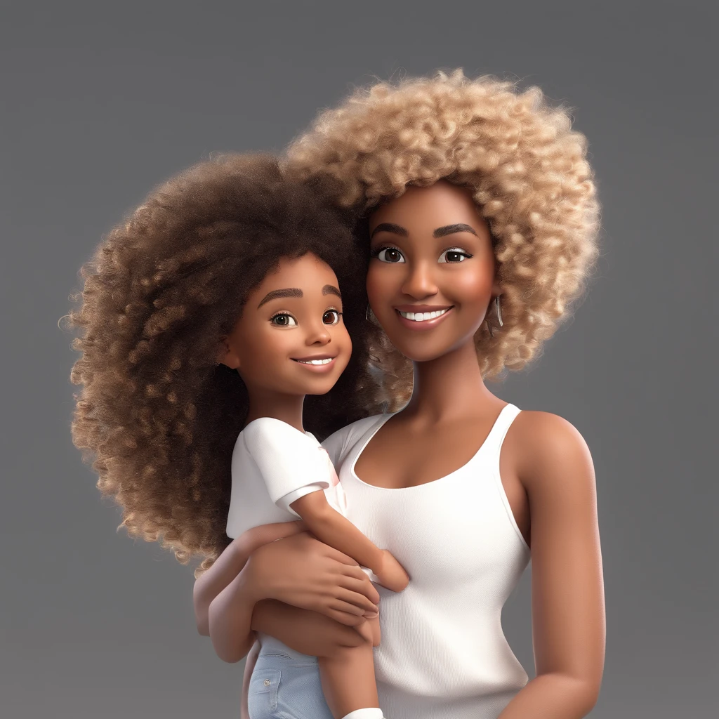 A black mother and daughter with curly hair (((On mom, light blond voluminous curly hair, outdoor background with white blouse with full body heart.