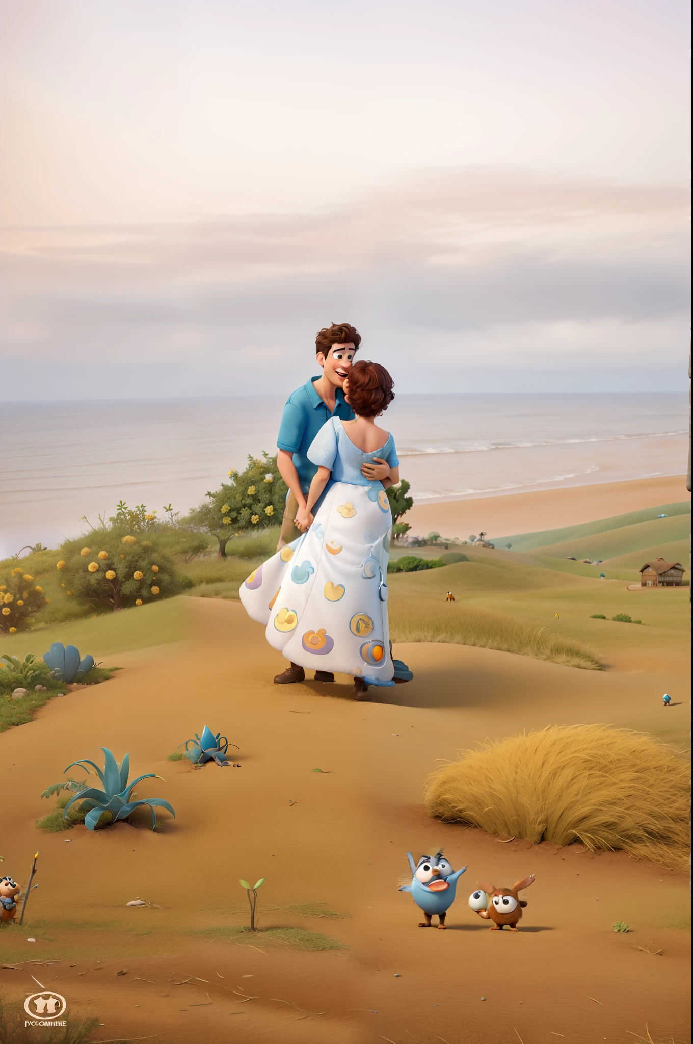 A Disney
Concluid
Pixar-inspired movie poster with title VICTÓRIA E GUILHERME. the scene should be in the distinct digital art style of Pixar, with a focus 
on character expressions, vibrant colors, and detailed textures that are characteristic of th animations, with the title VICTÓRIA E GUILHERME.