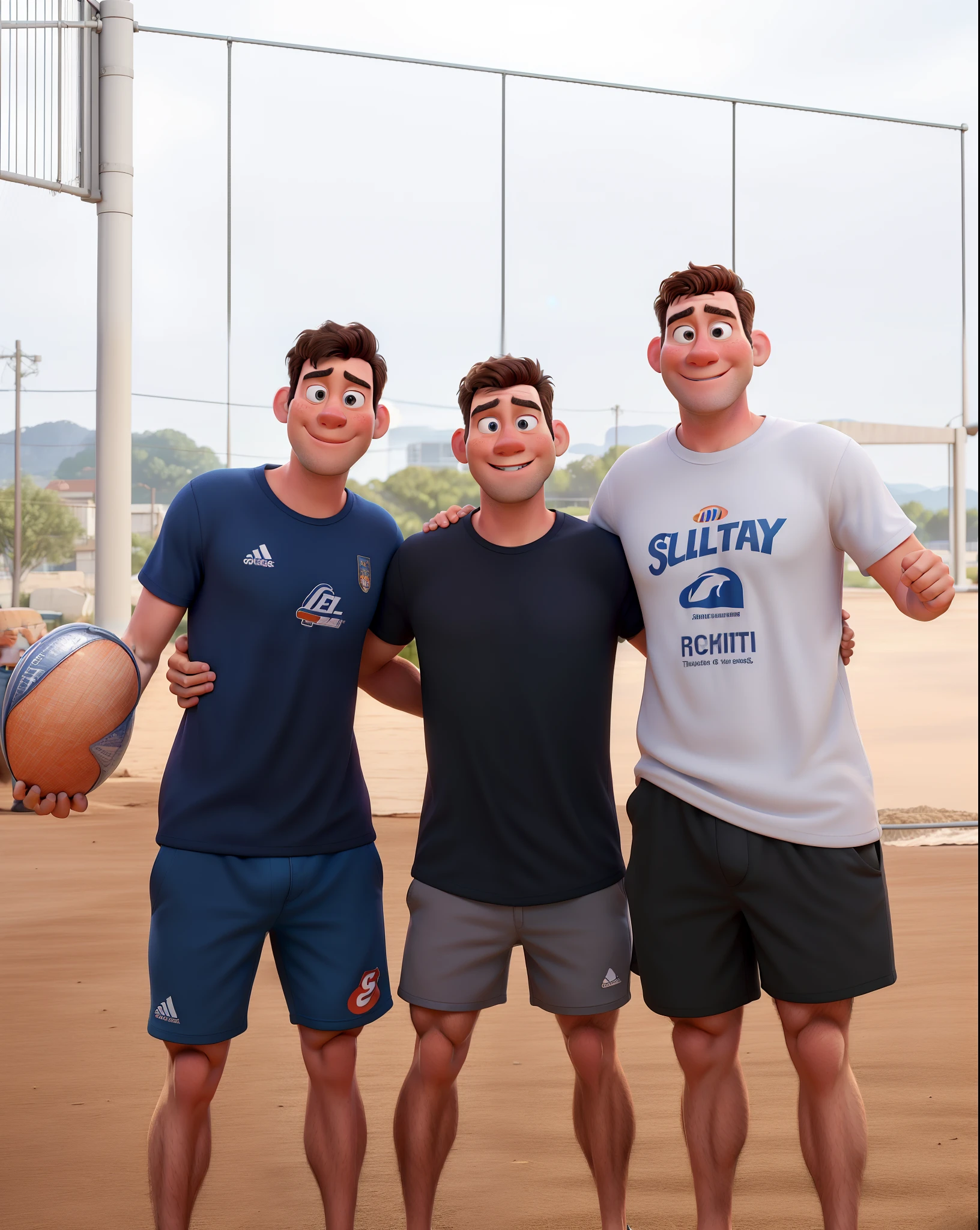 Pixar-style image of three white men in sportswear , alta qualidade