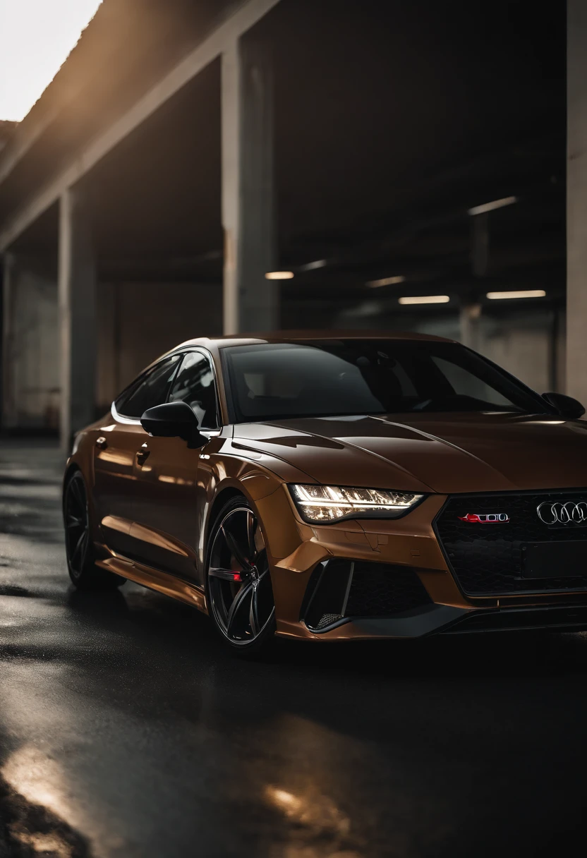 Audi RS7, drifter, lowered, stanced, low profile tires, Toyo tires , parked in a dark empty parkade, low light, golden hour, overcast, light rays, raytracing, realism, crystal clear image, intricate details, 200mm f2, detailed asphalt, realistic cracks in asphalt, close up, car portrait , car photography, aiming camera parallel with the runway, commercial quality