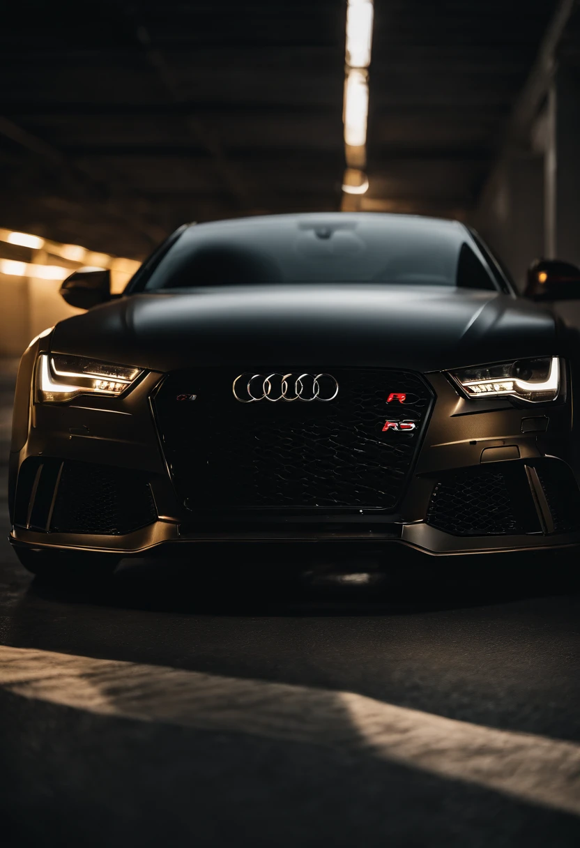 Audi RS7, drifter, lowered, stanced, low profile tires, Toyo tires , parked in a dark empty parkade, low light, golden hour, overcast, light rays, raytracing, realism, crystal clear image, intricate details, 200mm f2, detailed asphalt, realistic cracks in asphalt, close up, car portrait , car photography, aiming camera parallel with the runway, commercial quality