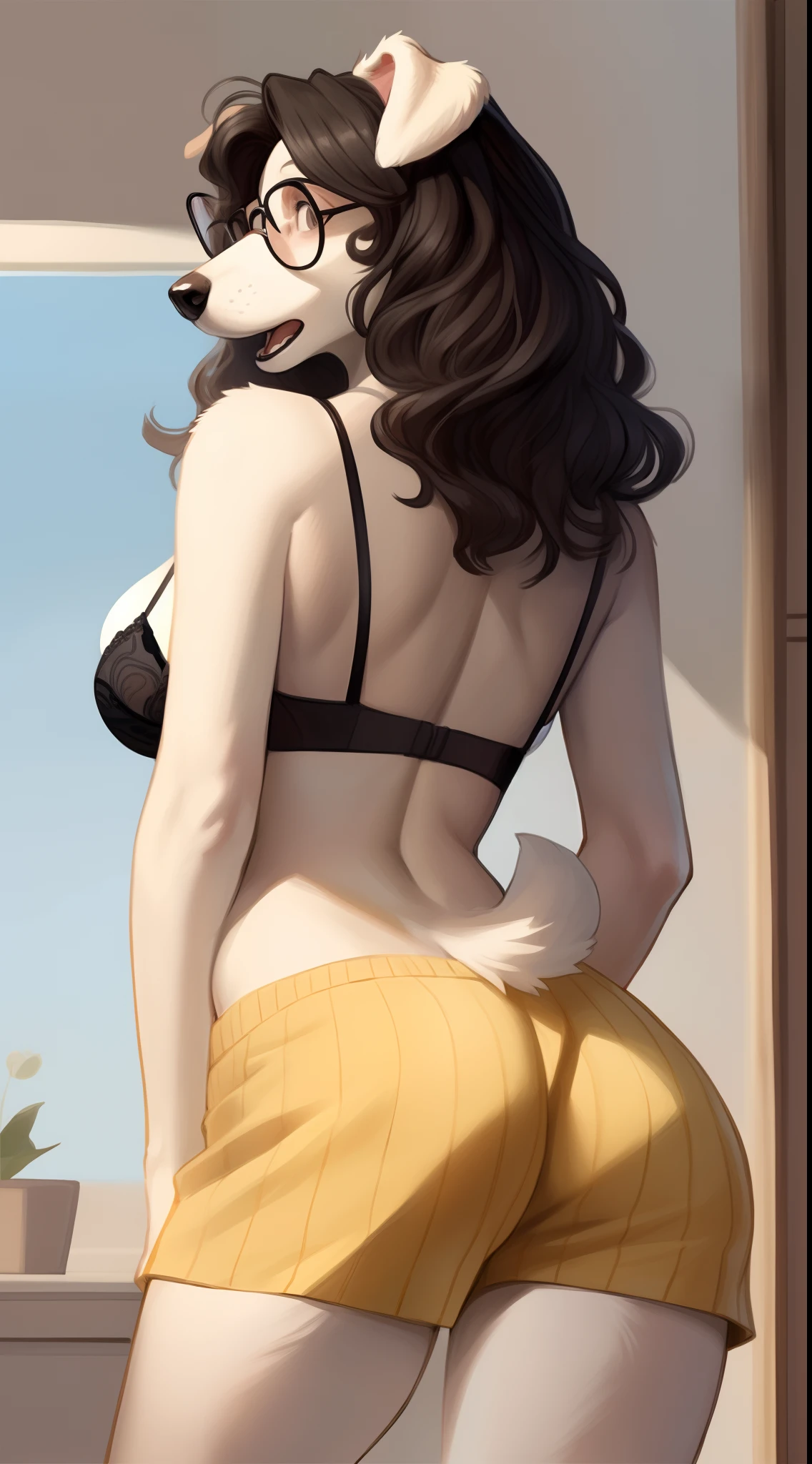By bebebebebe, solo, female, canine, domestic dog, border collie, ((hair, snout)), glasses, looking back at viewer, open mouth, shocked expression, wavy hair, butt, tail, bra, boxers