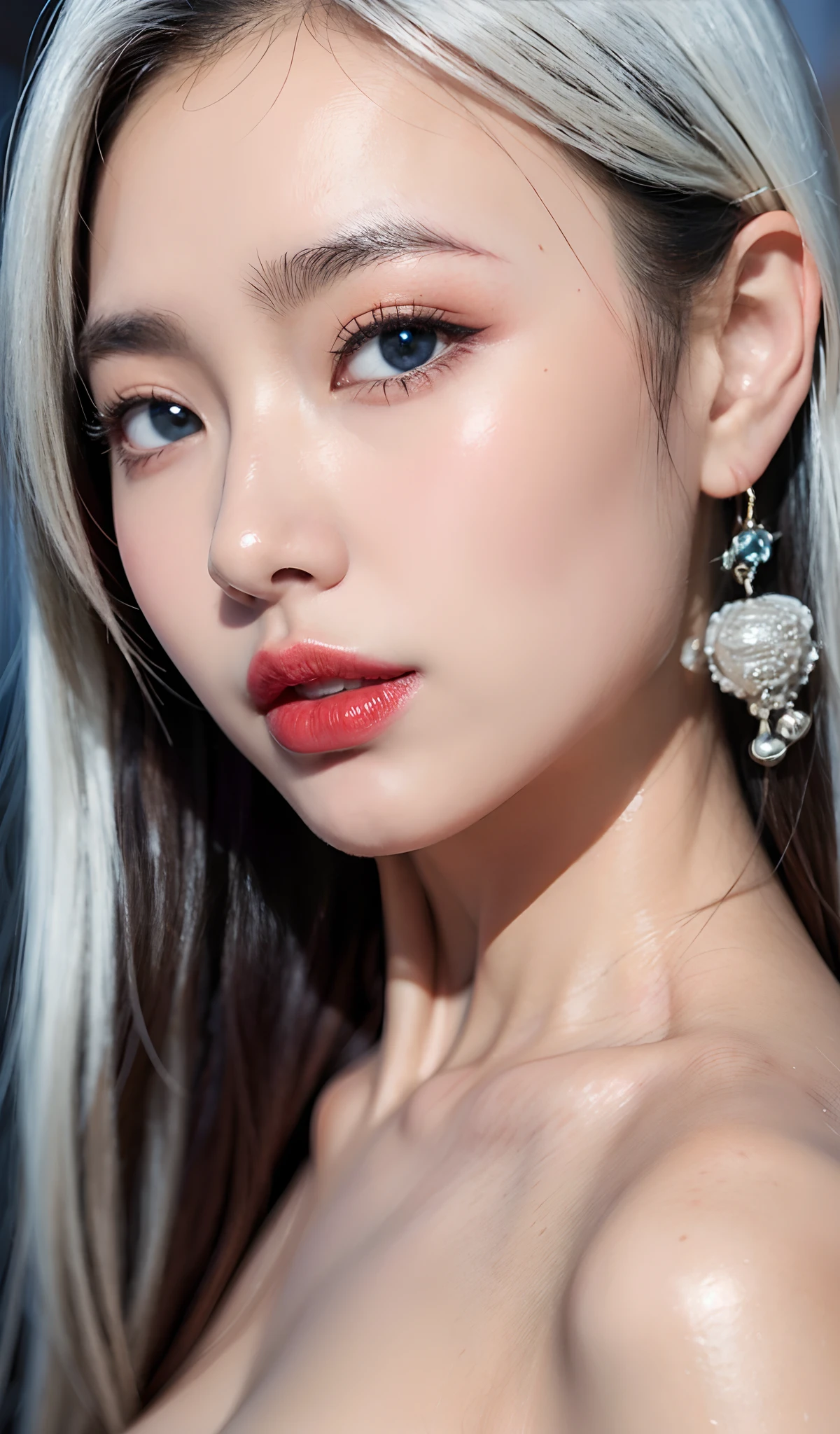 xxmixgirl, a woman with a red lipstick and earrings, portrair shinji aramaki, beauty campaign, richly defined face, inspired by Zhang Shuqi, wearing pearl earrings, dewy skin, closeup of the face, butterflies tattooed, nose piercing, dark lips stick. products shot, kimi takemura, closeup on face, facial closeup,xxmix_girl, blue eyes, white hair,FilmGirl