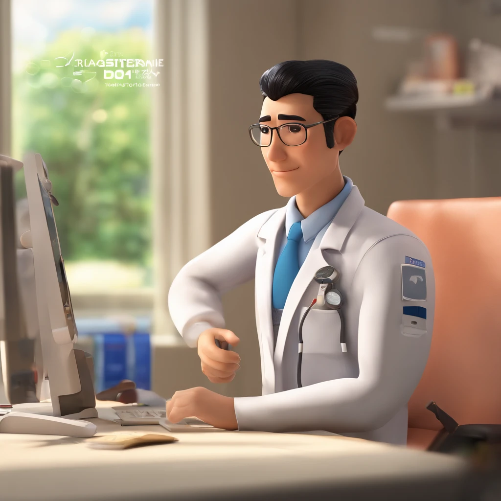 Create a poster inspired by Disney Pixar with the character being a man of Japanese descent with black hair and no glasses wearing a white coat and attending to a 32-year-old patient in a modern hospital office