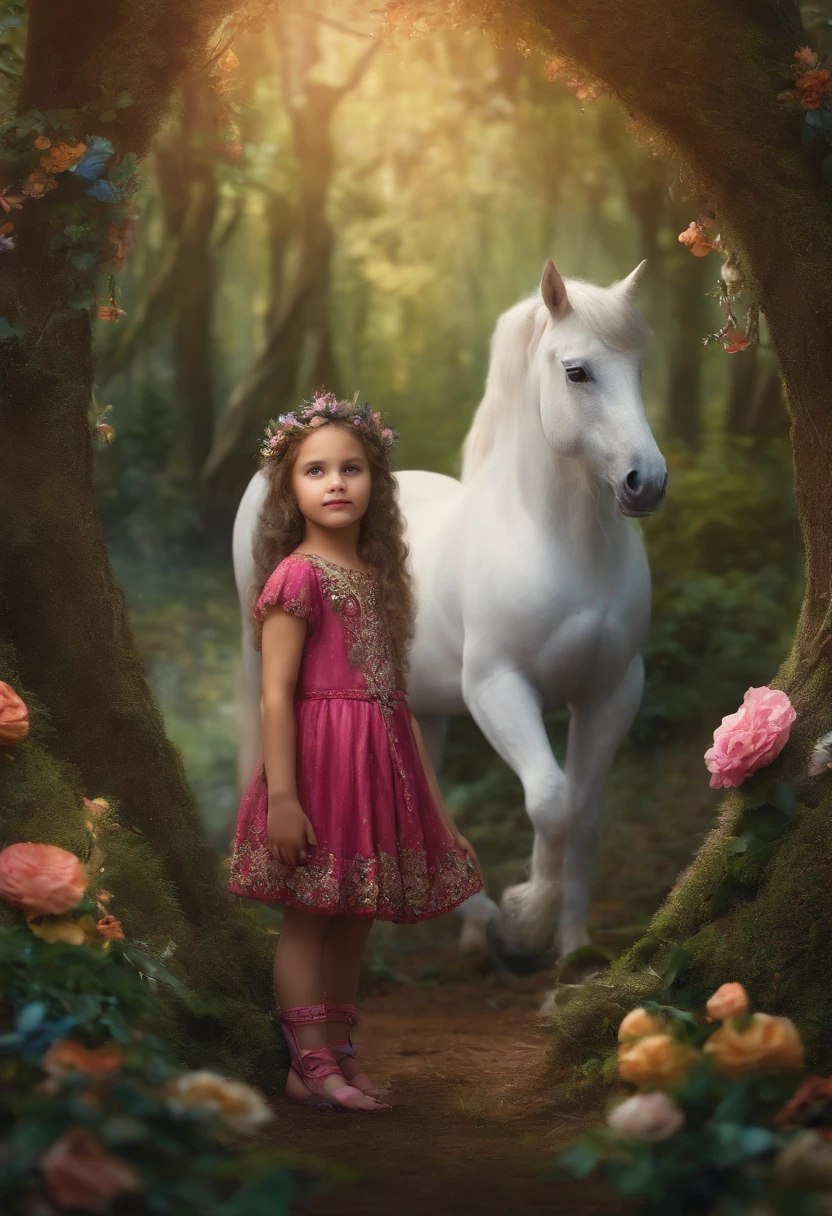 Child Girl Character, sentada em um tronco, na floresta, with unicorn, esquilo e borboletas