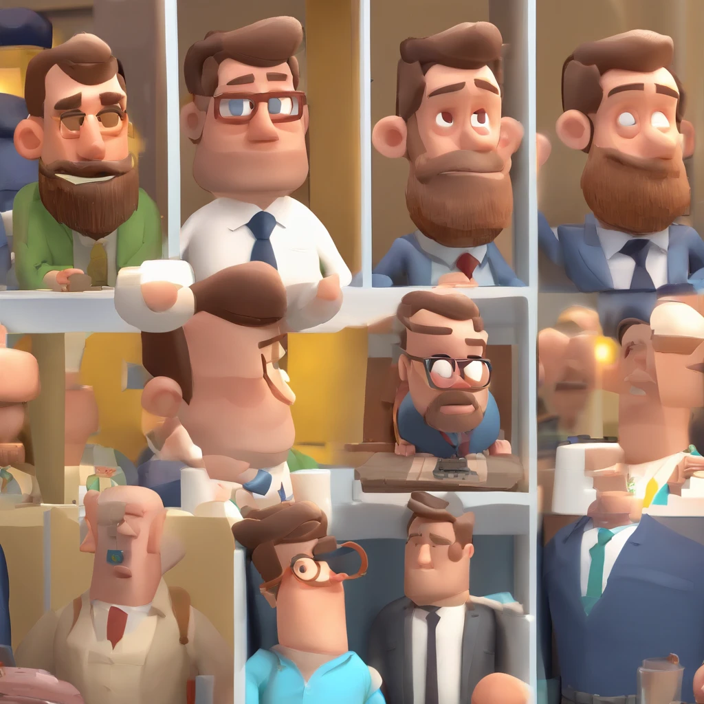 Criar um personagem no estilo Pixar. Trata-se de um homem de 40 anos, com barba, Branco, com cabelos castanhos curtos e um quiff, e olhos castanhos. Ele deve estar na frente de um computador, He is a businessman