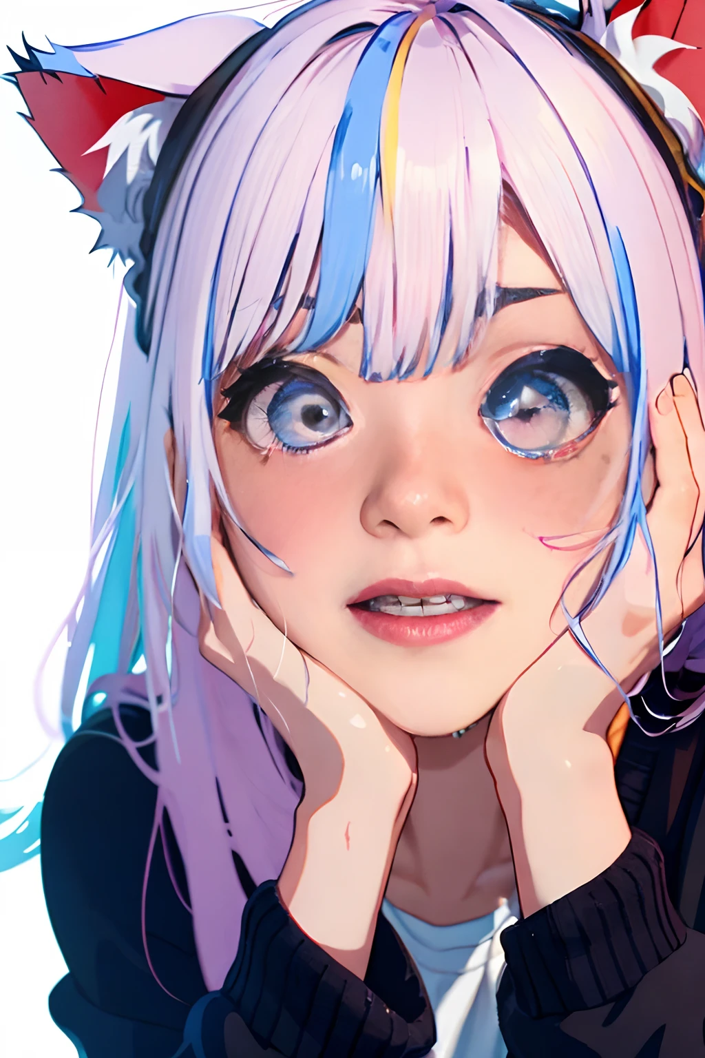 (best quality,realistic:1.37),high def,25-year-old woman,in a mini skirt,loose cardigan and white collared shirt underneath,with her hands behind her head,wearing cat ears. Her shirt prominently displays the word "oppai".[beautiful detailed eyes,beautiful detailed lips,extremely detailed eyes and face,long eyelashes],portrait,anime,colorful palette,soft lighting.