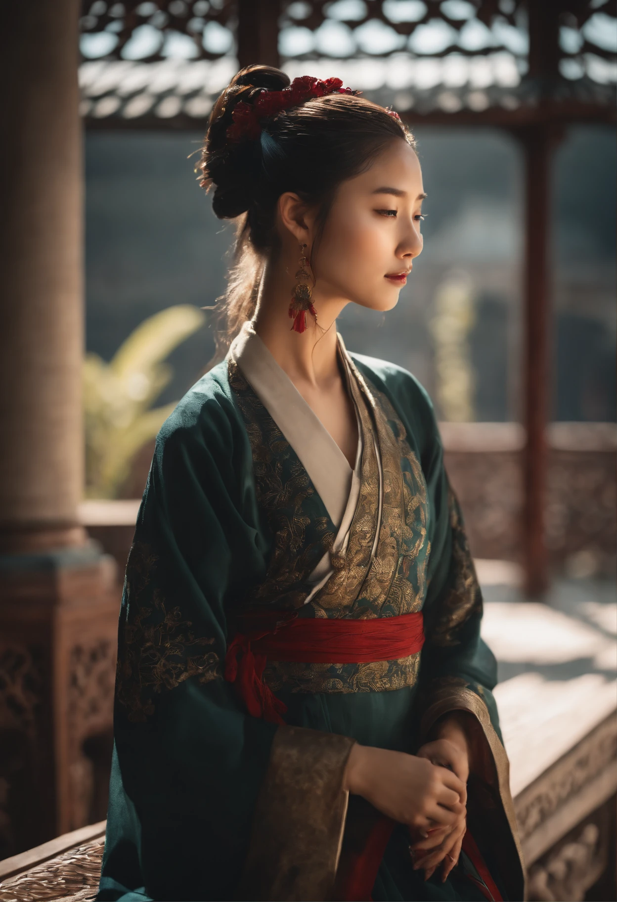 ((1girl)),((Building)), Braided bangs,braided ponytail,(sozinho:1.2), cabelos felpudos, ,Olhando para o Viewer, sunlight,Hanfu, Chengqiang,
