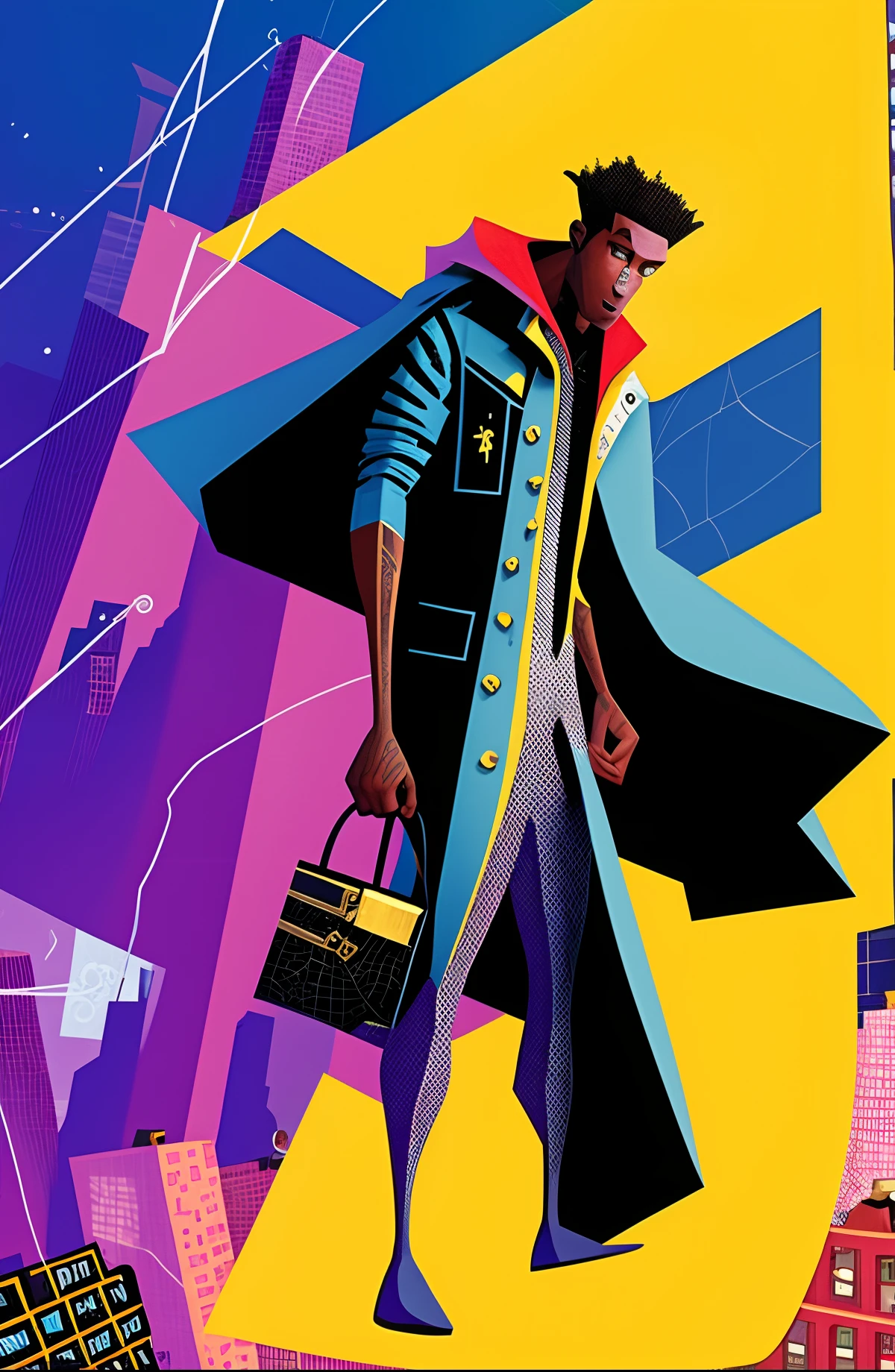 SpiderVerse Characters, a Alternative goth Male with White and black hair, Shoulder Length hair,Gold eyes,Gold power, in the New York city, pale. 19 years old, Spiderverse comic