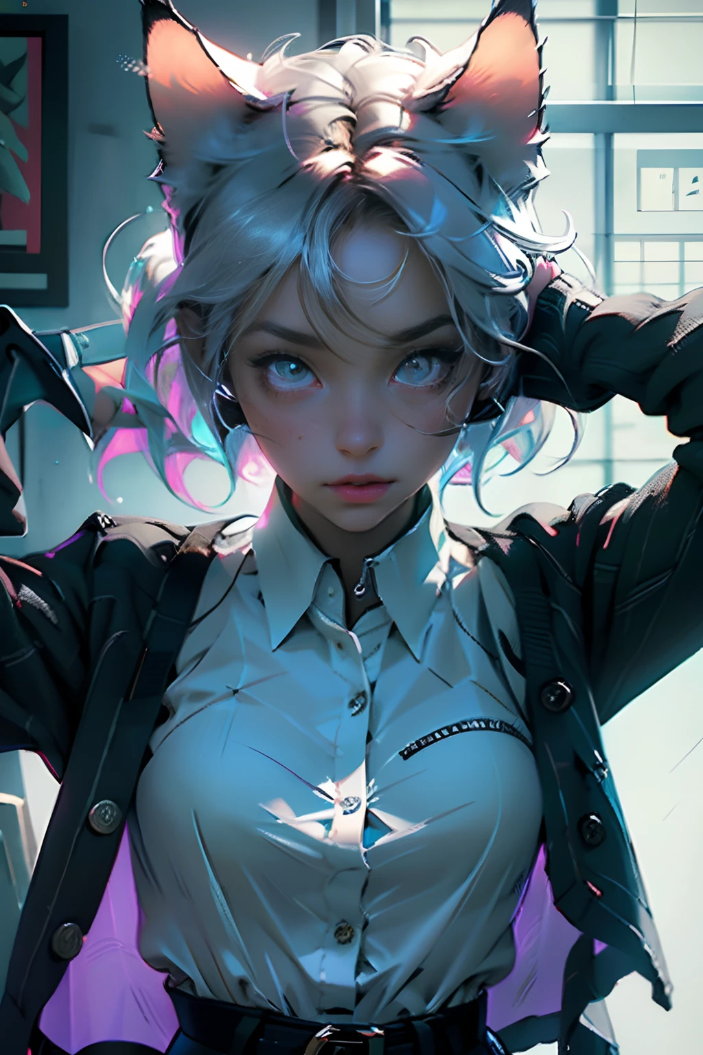 (best quality,realistic:1.37),high def,25-year-old woman,in a mini skirt,loose cardigan and white collared shirt underneath,with her hands behind her head,wearing cat ears. Her shirt prominently displays the word "oppai".[beautiful detailed eyes,beautiful detailed lips,extremely detailed eyes and face,long eyelashes],portrait,anime,colorful palette,soft lighting.