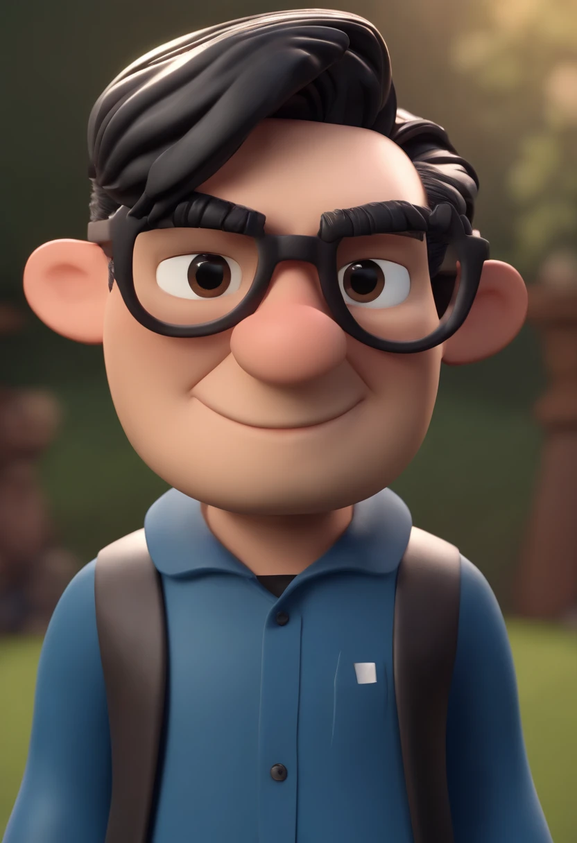 Cartoon character of a man wearing black glasses and a blue shirt, um personagem animado, Caractere estilizado, animation style rendering, 3D estilizado, Arnold Maya render, 3 d render stylized, toon render keyshot, Personagem 3D, Personagem 3D, 3d rendering stylized, 3 d character render, personagem de desenho animado, Personagem de close up, Pose de personagem, (Estilo Pixar) (master part:1.2) (Bokeh) (best quality) (pele detalhada) (textura detalhada) (8k) (argila) (Cinematic lighting) (foco nítido,Senta e vaza a parte superior do corpo