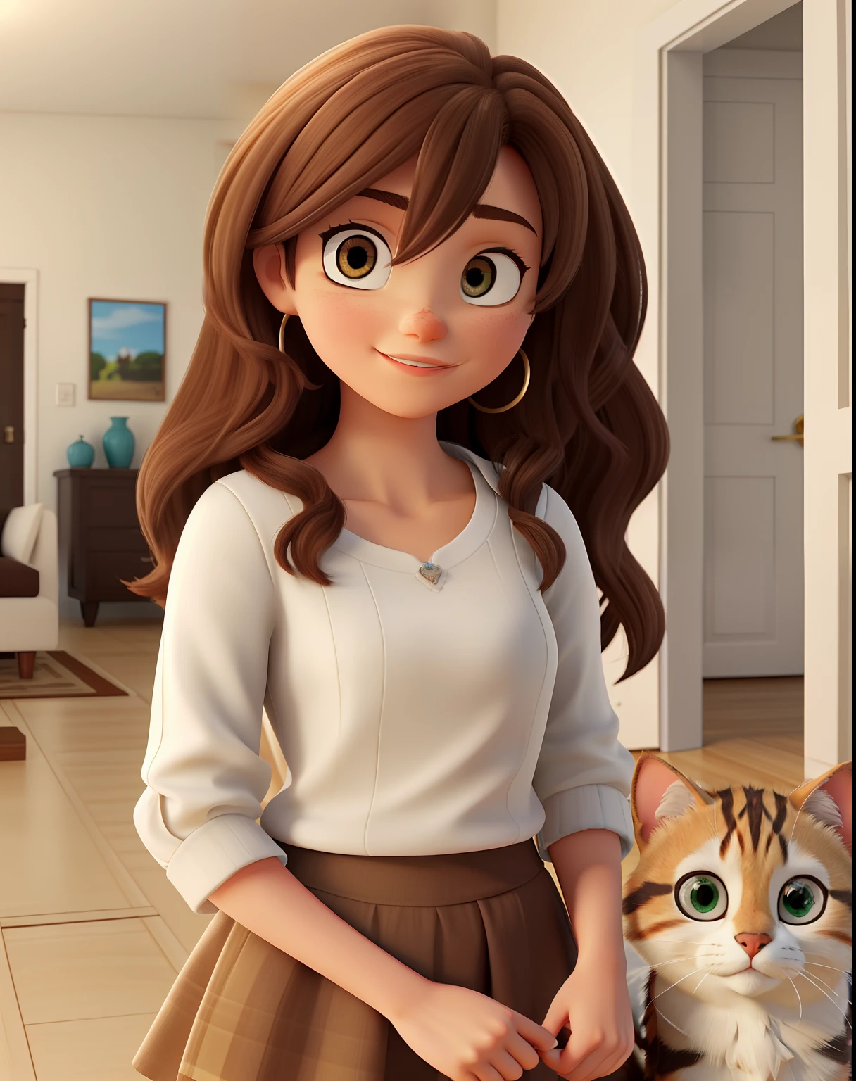 Mulher, 23 anos, straight brown hair down to the shoulder, olhos castanhos, com joias delicadas, vestindo uma blusa branca, acompanhada de dois gatos. The male cat is bigger and hairier, preto, cinza e branco. The female cat is smaller, marrom, bege e branco. All in a background of the interior of a house.