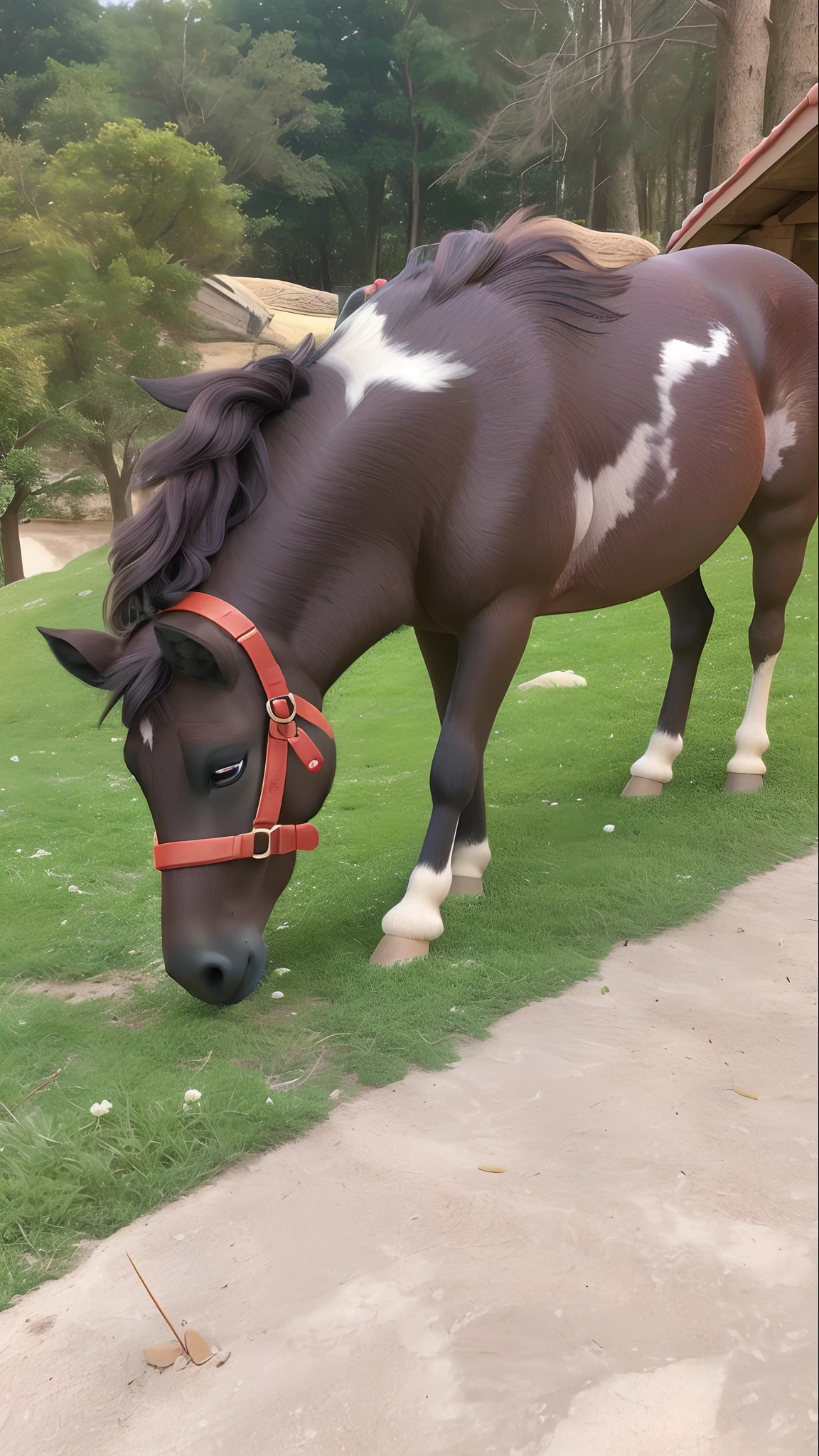 There's a horse that's eating grass in the yard, 4 anos de idade, 2 anos, hybrid of mouse and horse, profile close-up view, beautiful high resolution, ๐ฐ ๐ โ ๐, perfil frontal, atrevido!!!, pony facing away, olhando de lado!, muito bonito, pony, perfil lateral, bem editado, ( lado ) Perfil, Side profile view, ponei, mini horse, pretinha, com cabresto vermelho
