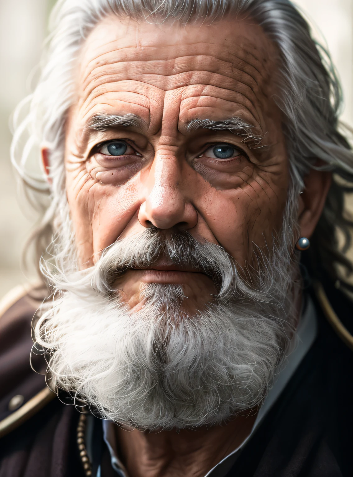 A portrait of a wizard, bearded, wrinkled, weathered, with piercing eyes, detailed face, high details, photography, dark studio, rim light, Nikon D850, 50mm, f/1.4
