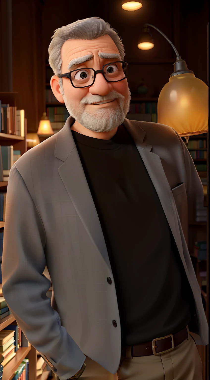 A wise adult man standing in front, illuminated by the light of a lamp, against the backdrop of a library
