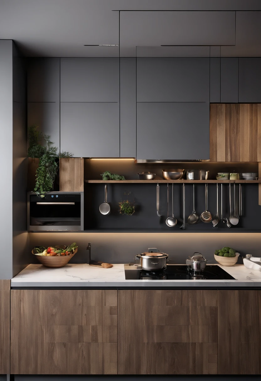 3D design kitchen decoration with American counter, Cabinets in gray and wood color, Hanging on the counter, coifa em material inox, geladeira em material inox, Built-in cooktop and oven on counter, Direct and indirect lighting with LED lights