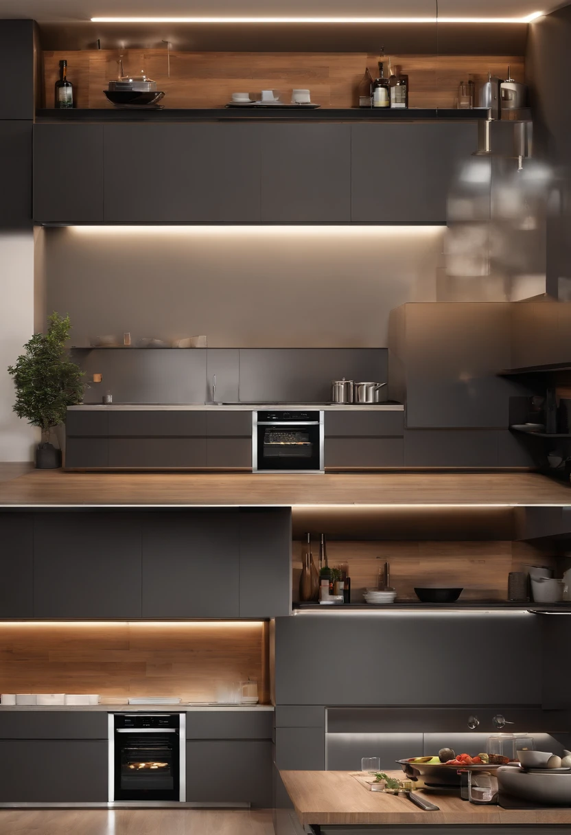 3D design kitchen decoration with American counter, Cabinets in gray and wood color, Hanging on the counter, coifa em material inox, geladeira em material inox, Built-in cooktop and oven on counter, Direct and indirect lighting with LED lights