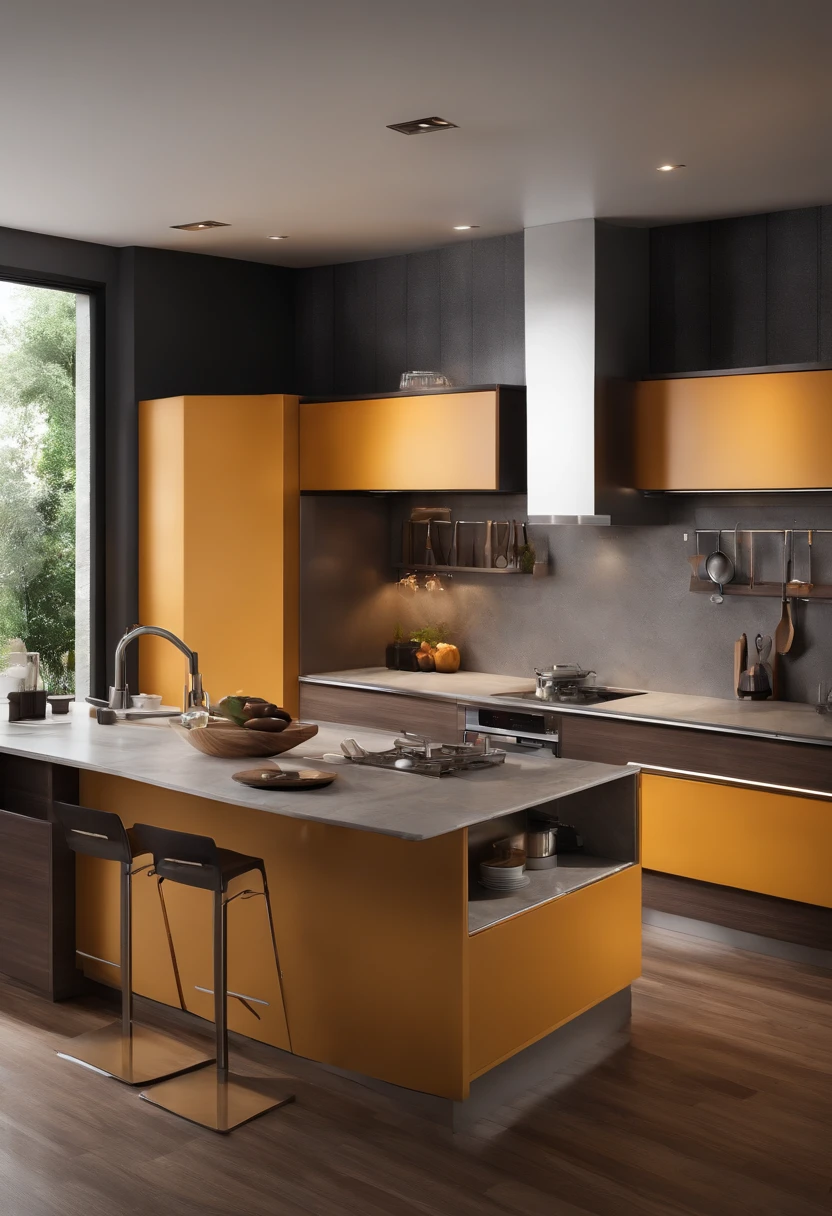 3D design kitchen decoration with American counter, Cabinets in gray and wood color, Hanging on the counter, coifa em material inox, geladeira em material inox, Built-in cooktop and oven on counter, Direct and indirect lighting with LED lights