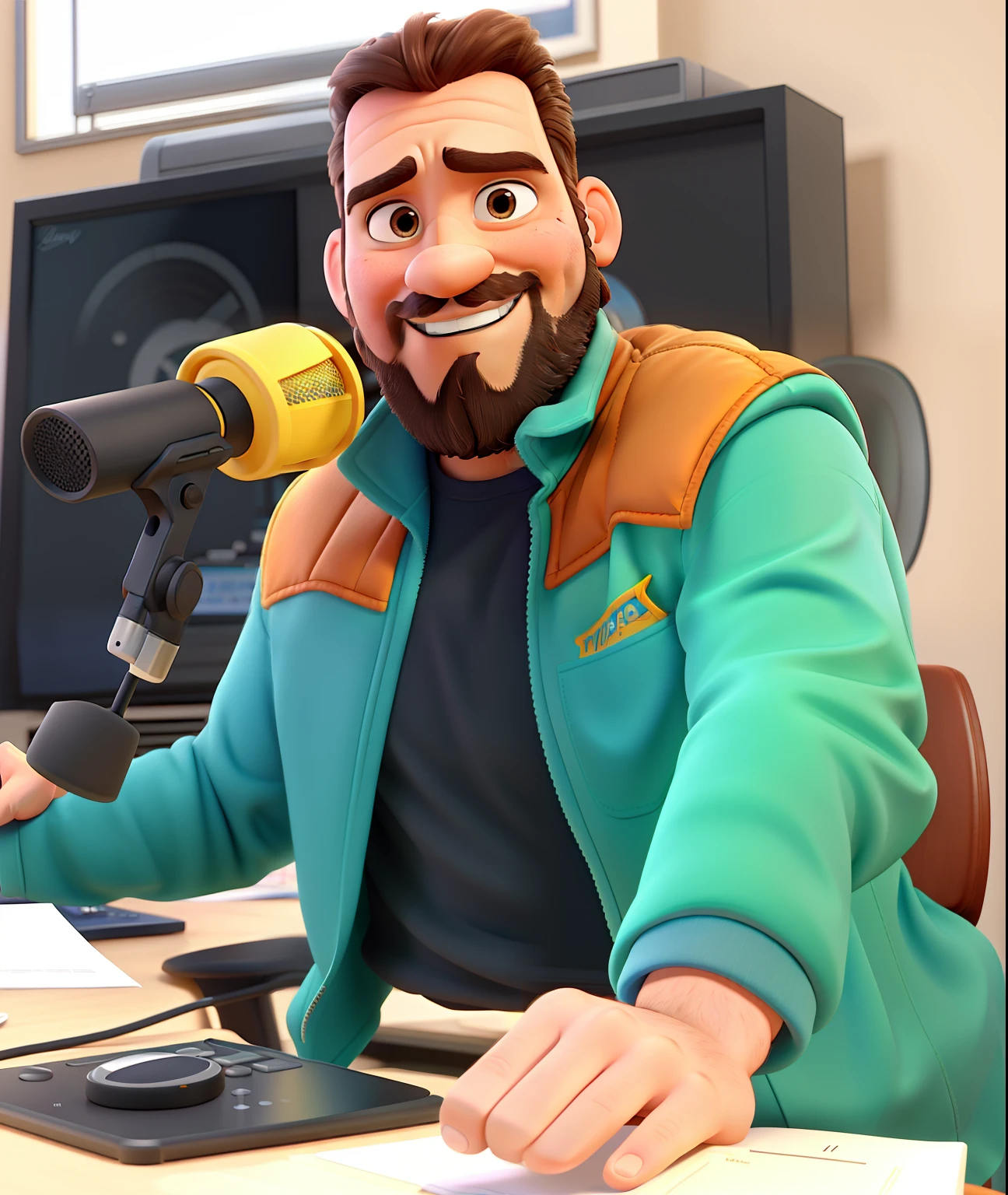 Poster no estilo Disney pixar, alta qualidade, melhor qualidade, homem sexy branco, 40 anos cabelo castanho barba castanha, musculoso, With background in a radio studio