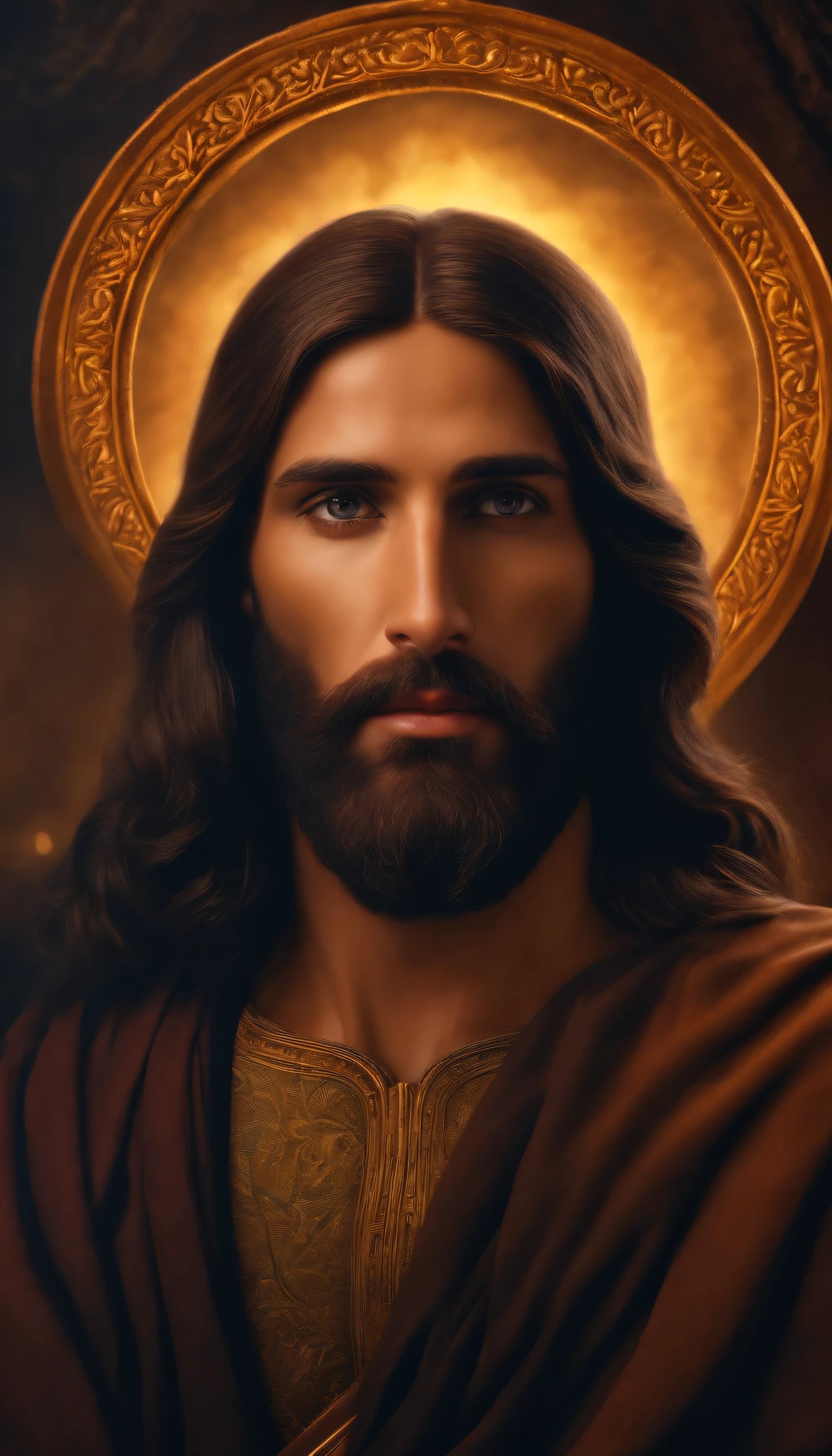 Jesus com olhar sereno,olhos castanhos,barba castanha escura.realista,8k