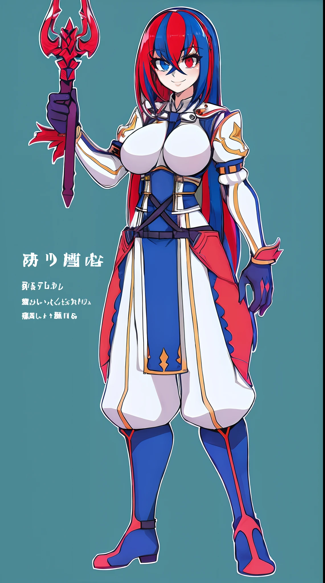 aleardef, heterochromia, gloves, long sleeves, full body, standing, smile,staff holding, medium breast, tall