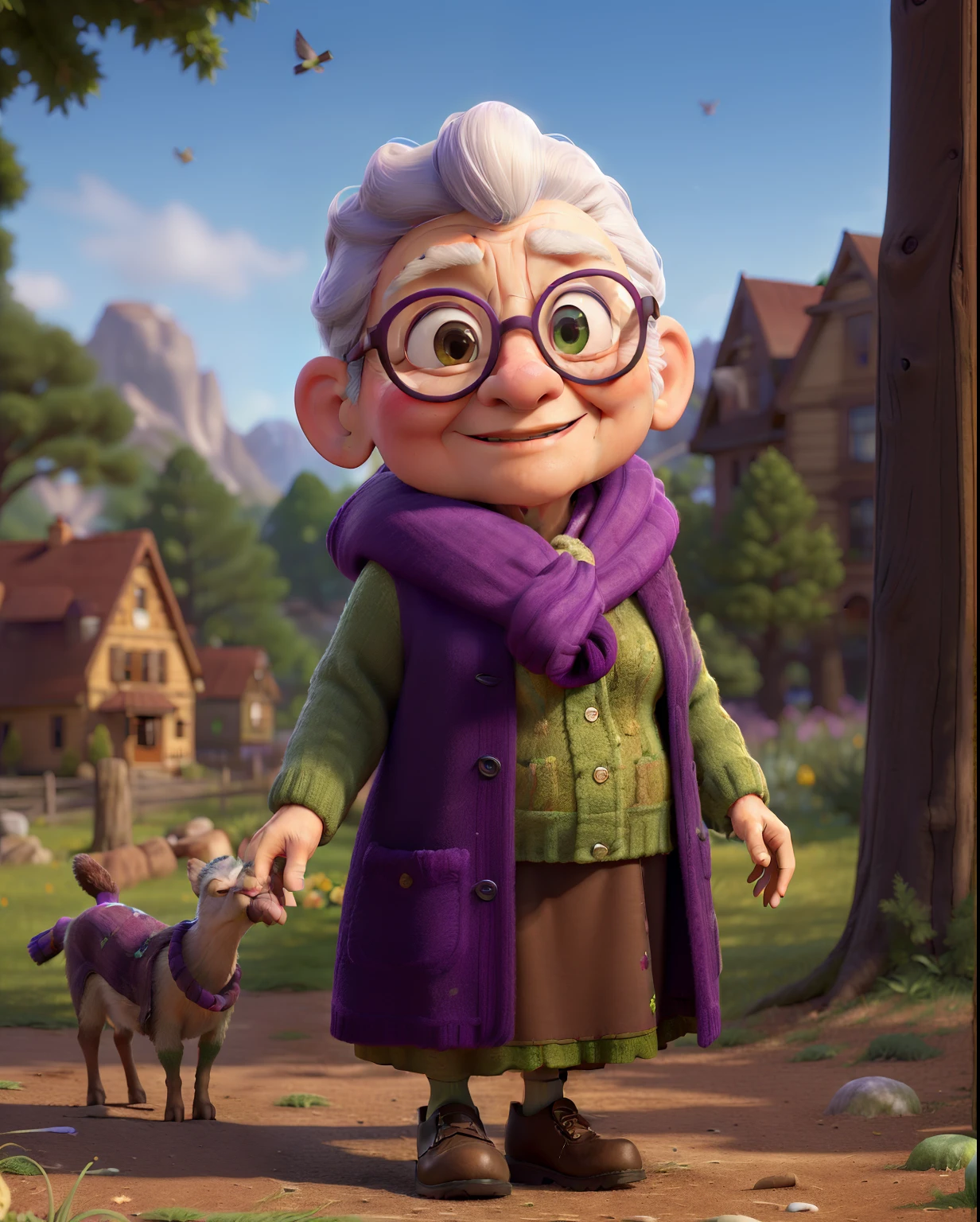 (high quality, masterwork:1.2),elderly lady with glasses and scarf, wearing a purple coat and green scarf, standing in the park, (detailed face,detailed eyes,detailed lips:1.1), peaceful expression, (vivid colors,rich colors:1.1), soft lighting, surrounded by blooming flowers, (detailed background, nature scenery:1.1), birds singing, (realistic,photorealistic,photo-realistic:1.37),oil painting style, (sharp focus,ultra-detailed:1.1), high resolution, (best quality,4k,8k,highres,masterpiece:1.2)