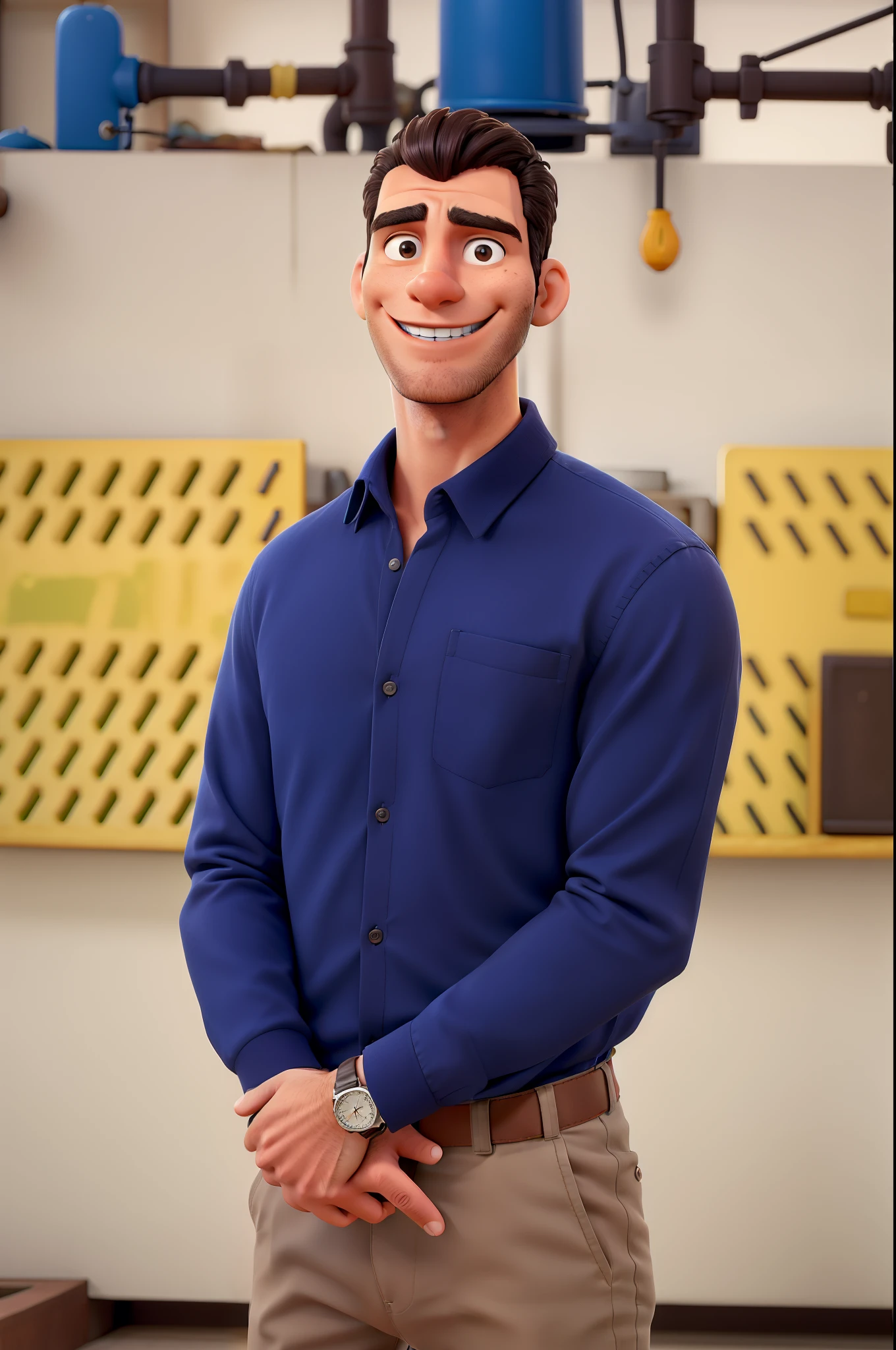 Homem cabelo preto bem curto, sorrindo, camisa azul, relogio, brown pant, maquinas industriais ao fundo