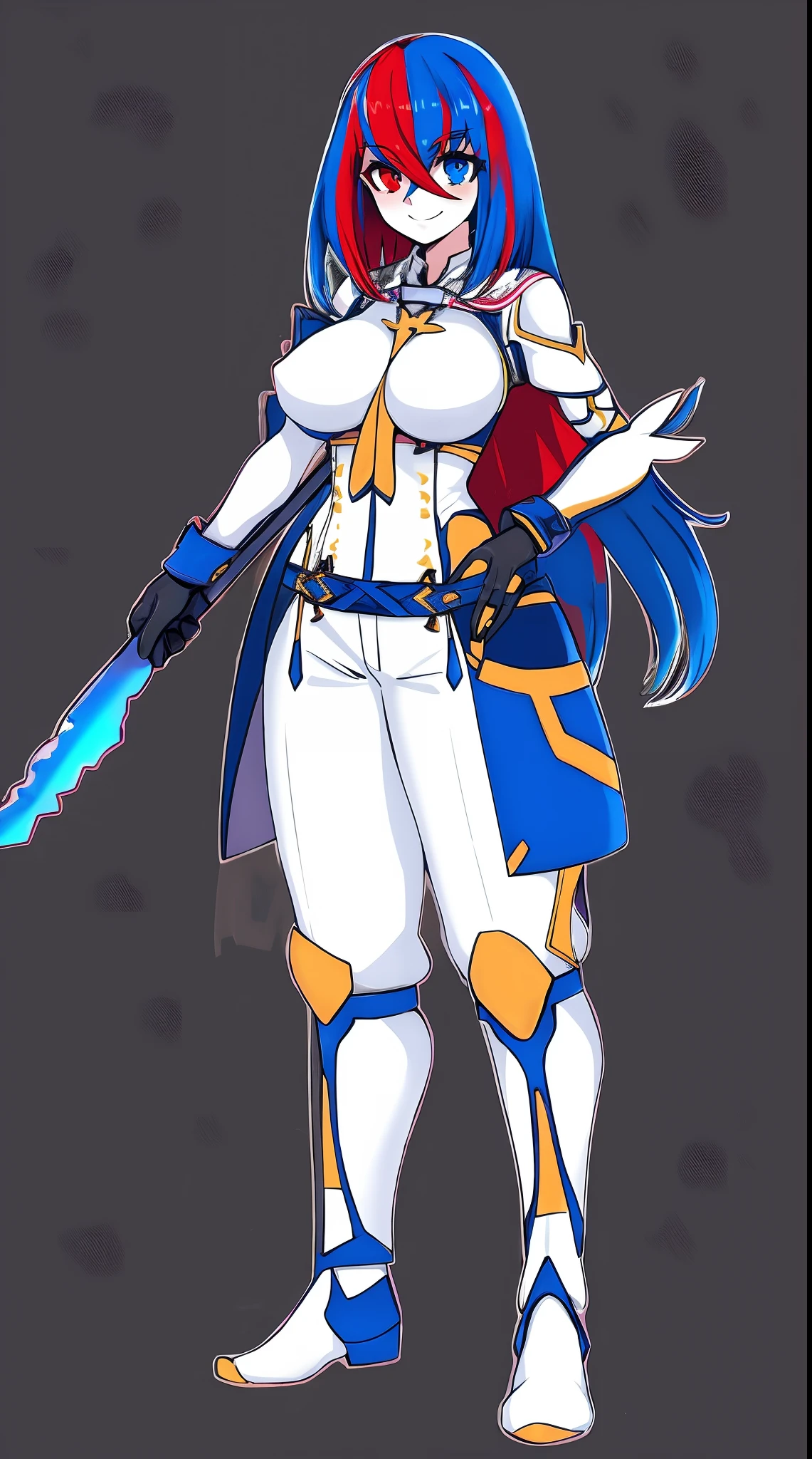 aleardef, heterochromia, gloves, long sleeves, full body, standing, smile,staff holding, medium breast