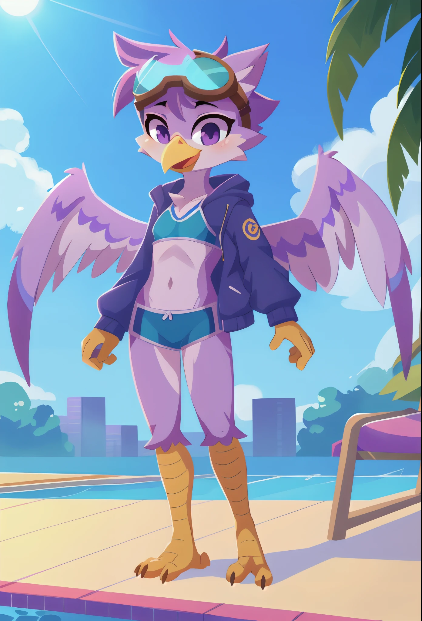 femboy, wolf boy, male, flat chested, grey fur, white feathered wings, blue eyes, crotch bulge, revealing latex swimsuit, beach setting
