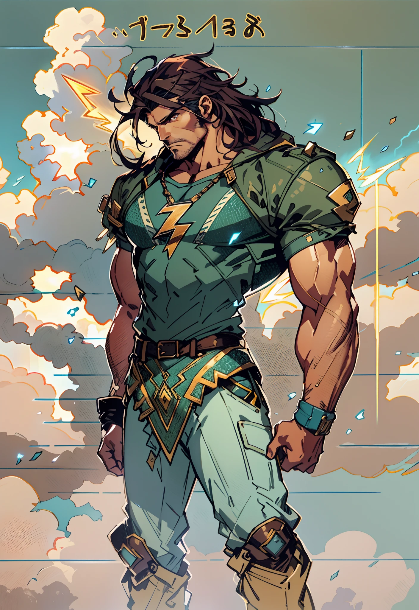 A middle-aged man, dark green long hair, wildly disheveled and exaggerated hairstyle, a headband, no eyebrows, a stern gaze, a well-defined facial structure, a tall and muscular physique, a fantasy-realistic style outfit, only a half-length windbreaker coat, sleeveless, revealing sturdy abdominal muscles, wearing wrist guards adorned with sharp teeth, matching trousers with the outfit, standing like a deity, dark clouds gathering in the sky, flashes of lightning and thunder, wild winds swirling around, this character embodies a finely crafted fantasy-style wild overlord in anime style, characterized by an exquisite and mature manga illustration art style, high definition, best quality, highres, ultra-detailed, ultra-fine painting, extremely delicate, professional, anatomically correct, symmetrical face, extremely detailed eyes and face, high quality eyes, creativity, RAW photo, UHD, 8k, Natural light, cinematic lighting, masterpiece-anatomy-perfect, masterpiece:1.5