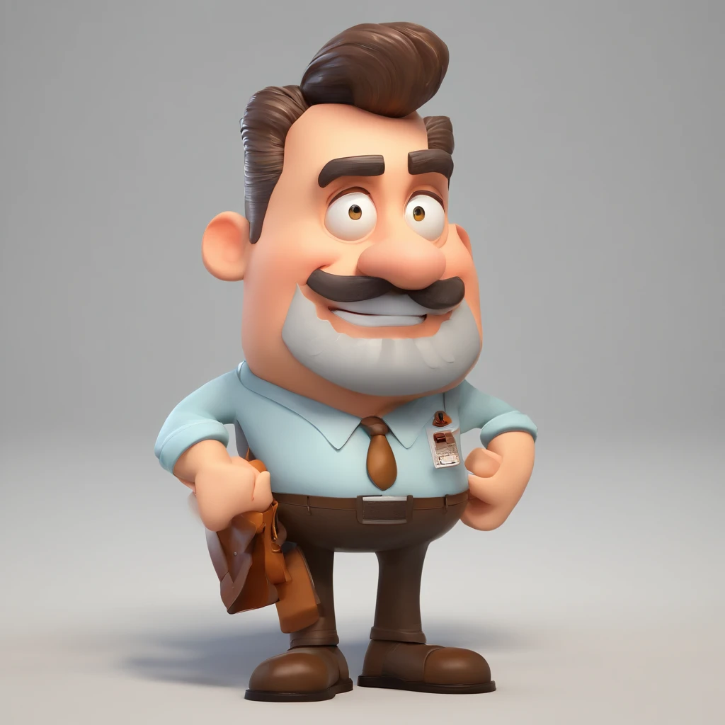 Criar um personagem no estilo Pixar. Trata-se de um homem de 40 anos, com barba comprida, Branco, com cabelos castanhos curtos e um quiff, e olhos castanhos. Ele deve estar na frente de um computador, He is a businessman