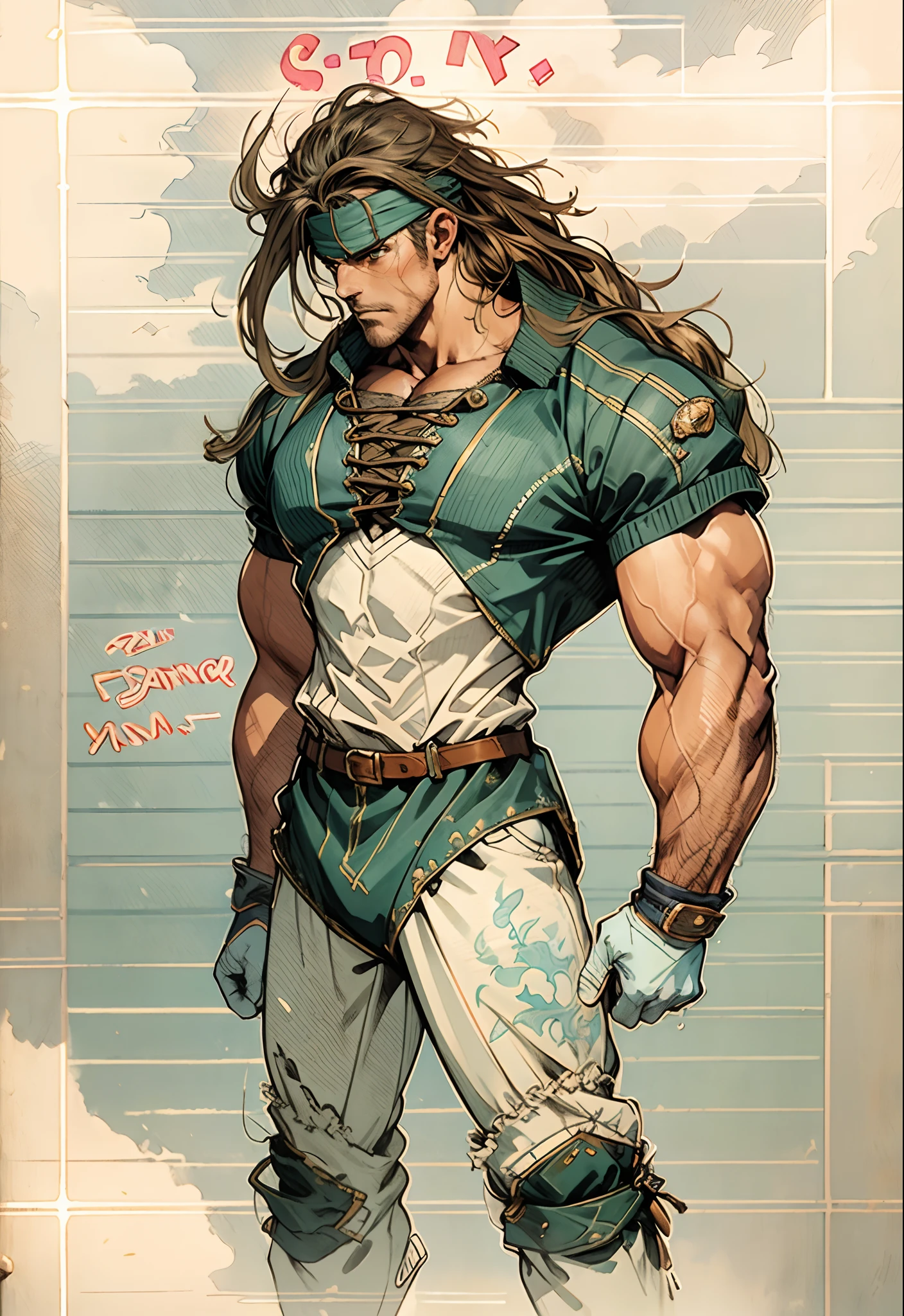 A middle-aged man, dark green long hair, wildly disheveled and exaggerated hairstyle, a headband, no eyebrows, a stern gaze, a well-defined facial structure, a tall and muscular physique, a fantasy-realistic style outfit, only a half-length windbreaker coat, sleeveless, revealing sturdy abdominal muscles, wearing wrist guards adorned with sharp teeth, matching trousers with the outfit, standing like a deity, dark clouds gathering in the sky, flashes of lightning and thunder, wild winds swirling around, this character embodies a finely crafted fantasy-style wild overlord in anime style, characterized by an exquisite and mature manga illustration art style, high definition, best quality, highres, ultra-detailed, ultra-fine painting, extremely delicate, professional, anatomically correct, symmetrical face, extremely detailed eyes and face, high quality eyes, creativity, RAW photo, UHD, 8k, Natural light, cinematic lighting, masterpiece-anatomy-perfect, masterpiece:1.5