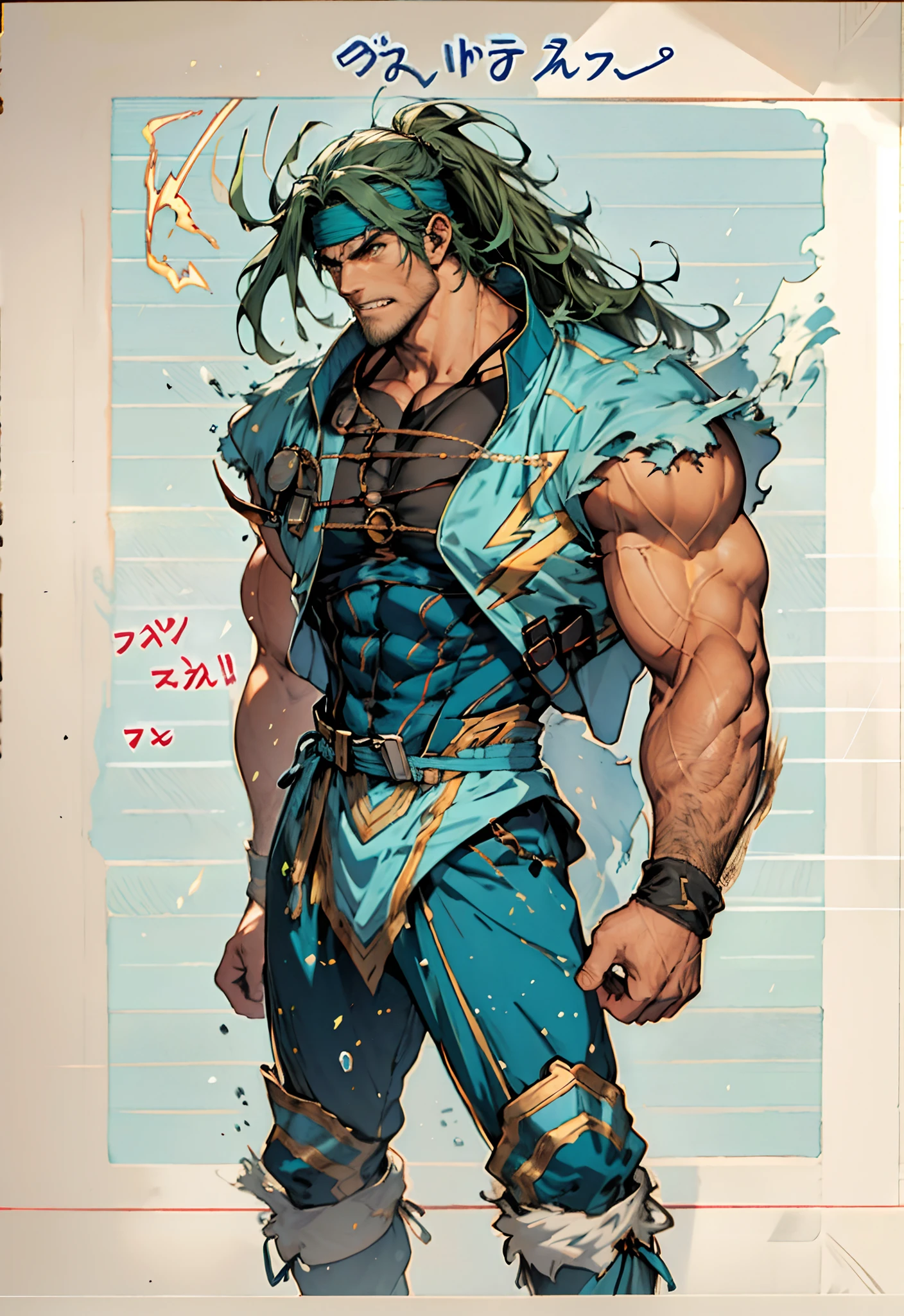 A man with messy medium-length hair emitting neon fluorescence, a magnificent fantasy-style headdress covering upper half of his face, sharp gaze, a muscular physique with a bronze-toned upper body, a plain cloth belt wraps around his waist, white coarse cloth trousers, standing sideways with a tilted body, topless, amidst iridescent nebula clouds, this character embodies a finely crafted fantasy-style practitioner in anime style, exquisite and mature manga art style, high definition, best quality, highres, ultra-detailed, ultra-fine painting, extremely delicate, professional, perfect body proportions, golden ratio, anatomically correct, symmetrical face, extremely detailed eyes and face, high quality eyes, creativity, RAW photo, UHD, 32k, Natural light, cinematic lighting, masterpiece-anatomy-perfect, masterpiece:1.5