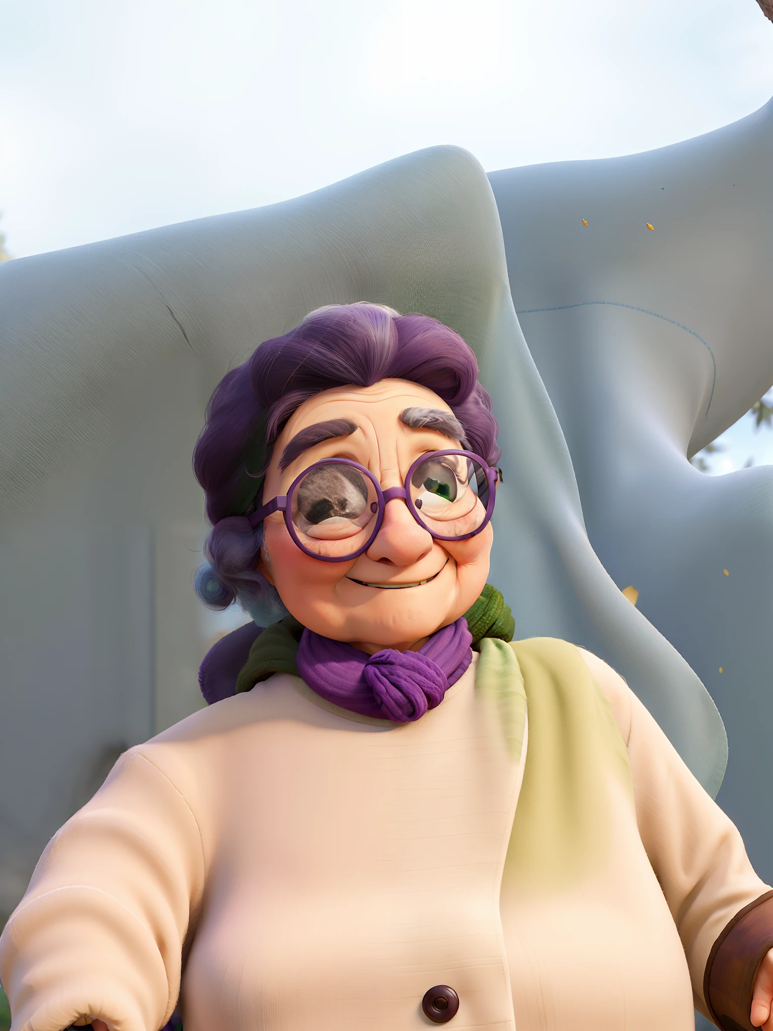 masterpiece, best quality, an old woman with glasses and a scarf on, wearing a purple coat and green scarf, standing at the park