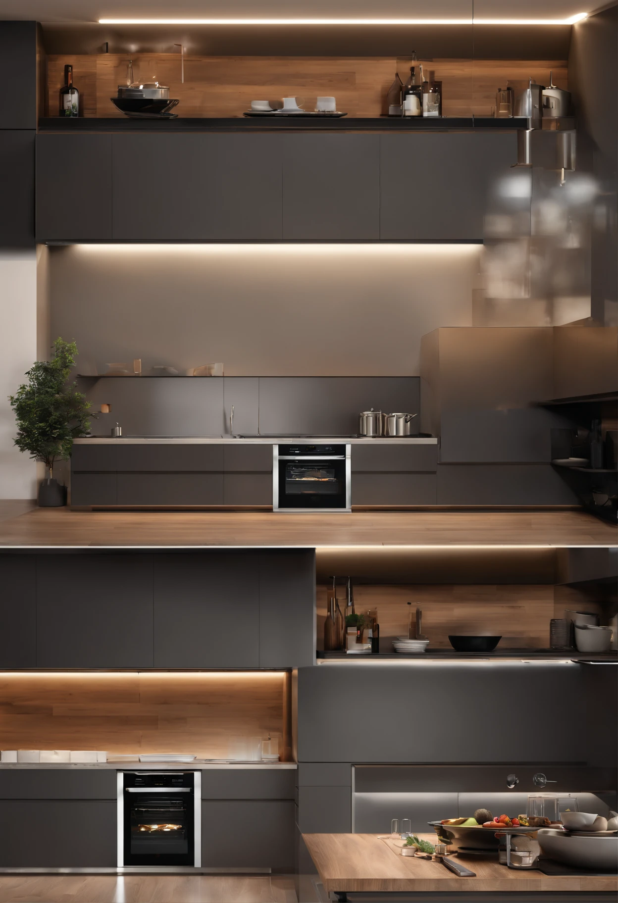 3D design kitchen decoration with American counter, Cabinets in gray and wood color, Hanging on the counter, coifa em material inox, geladeira em material inox, Built-in cooktop and oven on counter, Direct and indirect lighting with LED lights