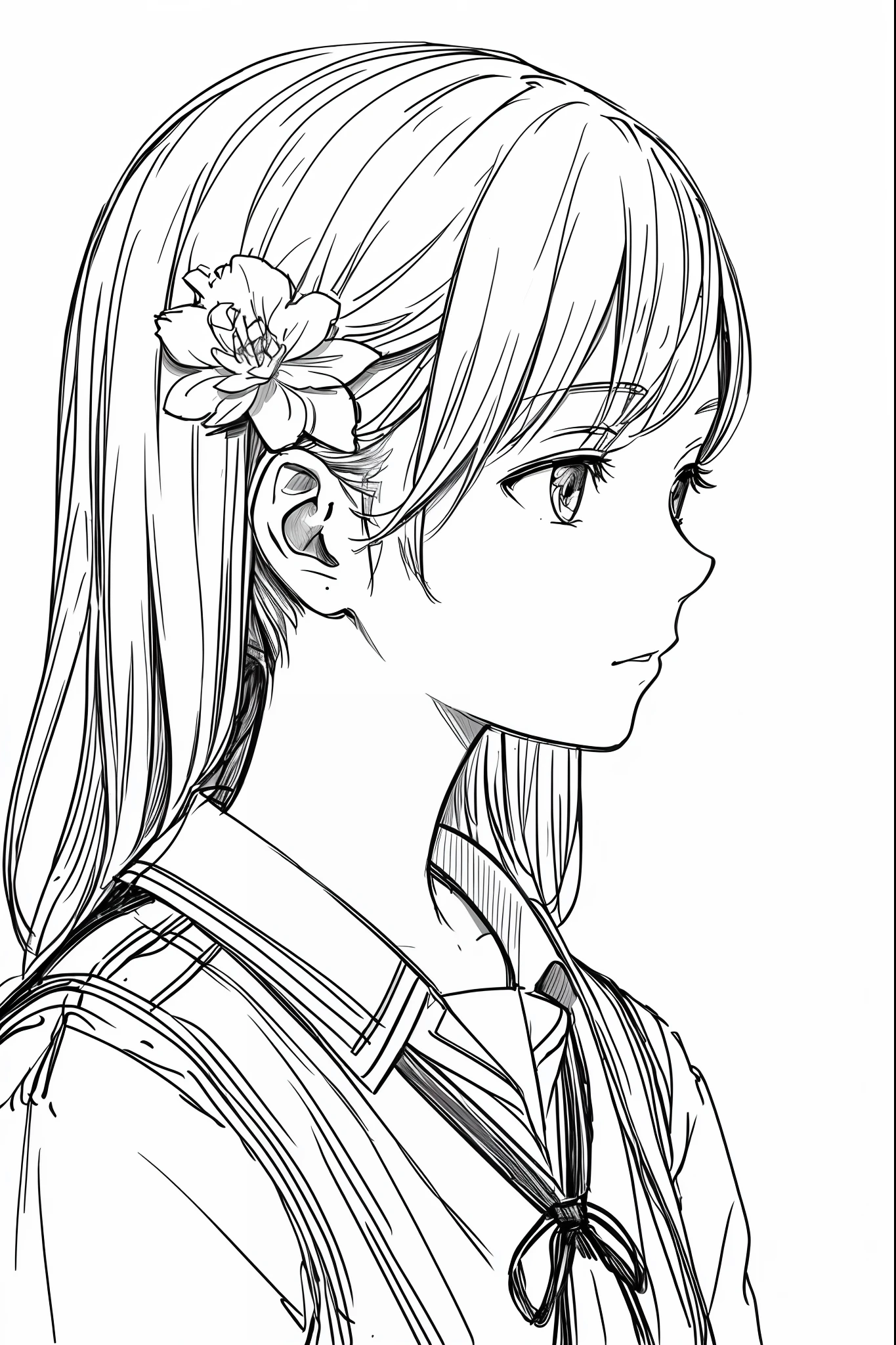 masterpiece, acura, 1girl, solo, short, profile close-up, school uniform, tie, flower line drawing background, white background, monochrome, line drawing, ((sketch))